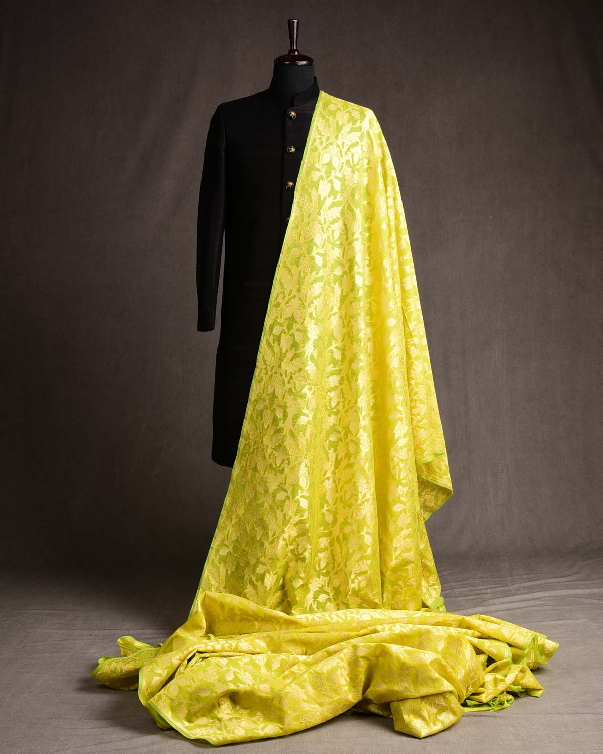 Lime Green Gold Zari Floral Cutwork Brocade Handwoven Cotton Silk Banarasi Fabric-HolyWeaves