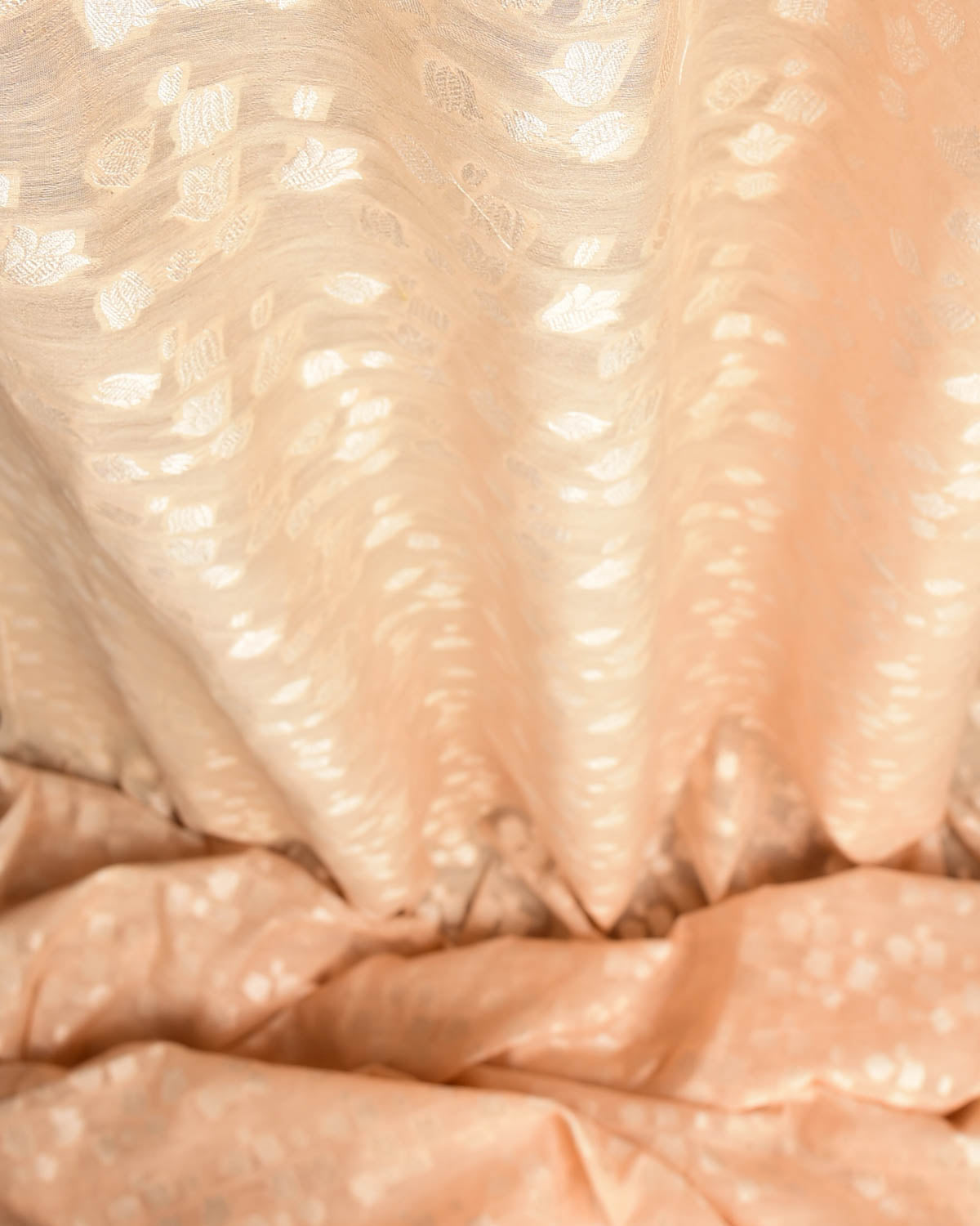 Peach Gold Zari Floral Cutwork Brocade Handwoven Cotton Silk Banarasi Fabric-HolyWeaves