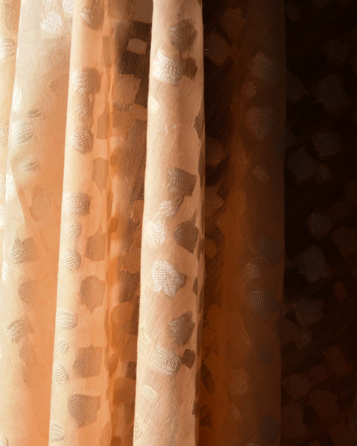 Peach Gold Zari Floral Cutwork Brocade Handwoven Cotton Silk Banarasi Fabric-HolyWeaves