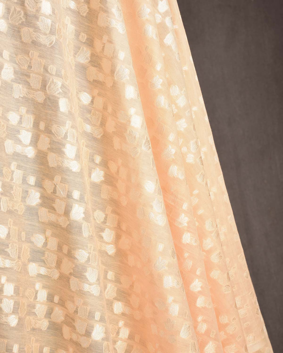 Peach Gold Zari Floral Cutwork Brocade Handwoven Cotton Silk Banarasi Fabric-HolyWeaves