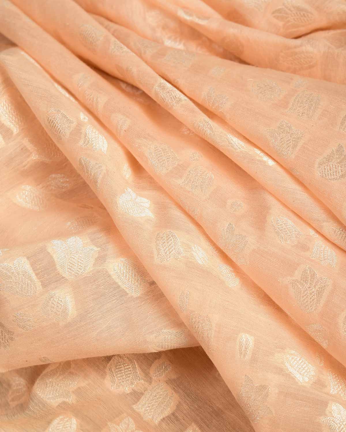 Peach Gold Zari Floral Cutwork Brocade Handwoven Cotton Silk Banarasi Fabric-HolyWeaves