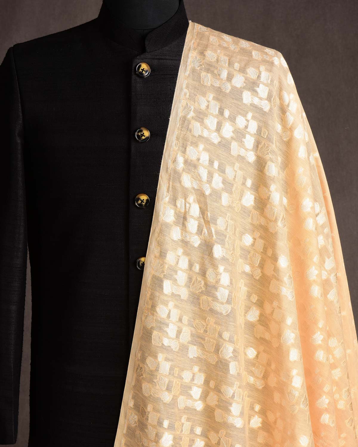 Peach Gold Zari Floral Cutwork Brocade Handwoven Cotton Silk Banarasi Fabric-HolyWeaves