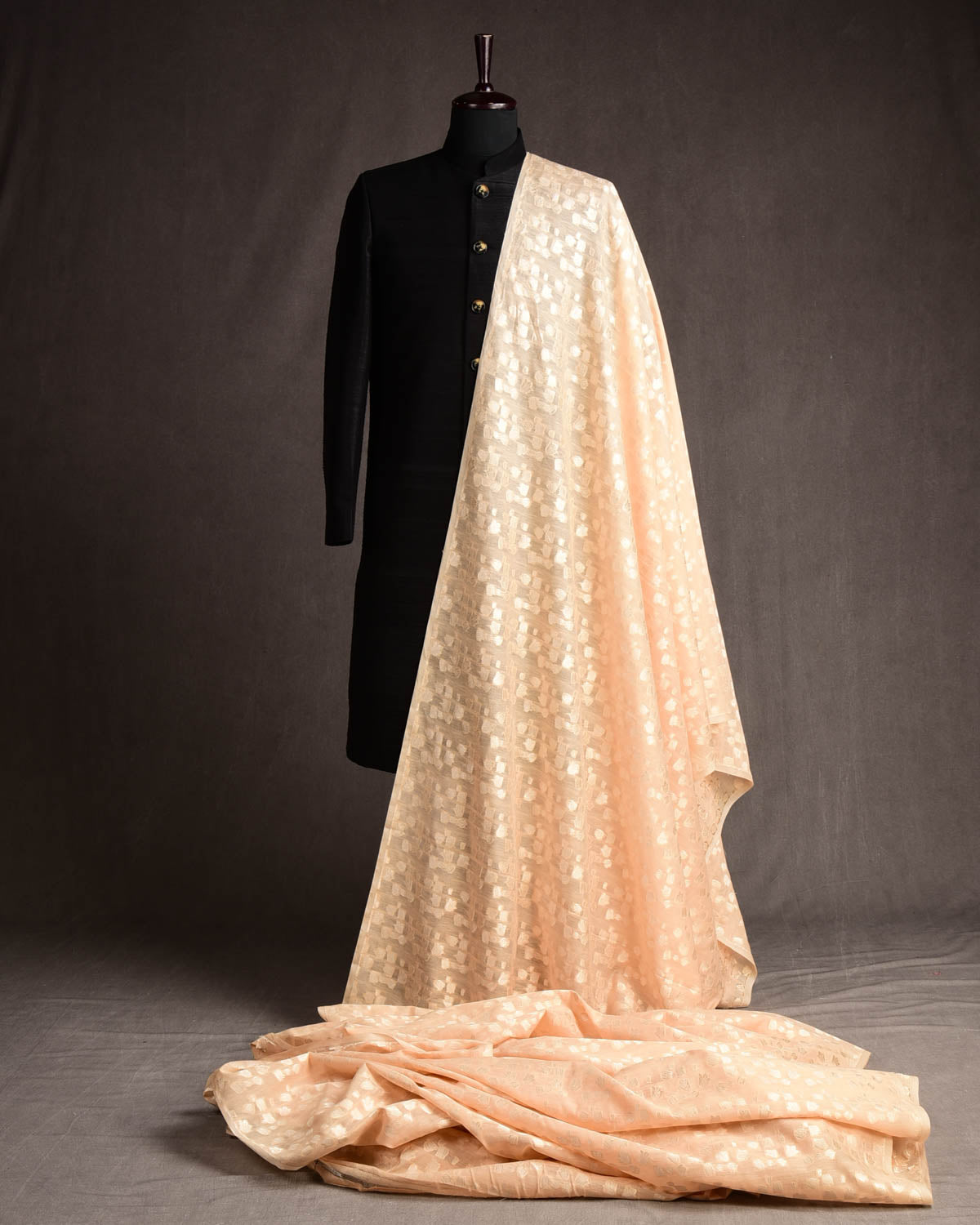 Peach Gold Zari Floral Cutwork Brocade Handwoven Cotton Silk Banarasi Fabric-HolyWeaves