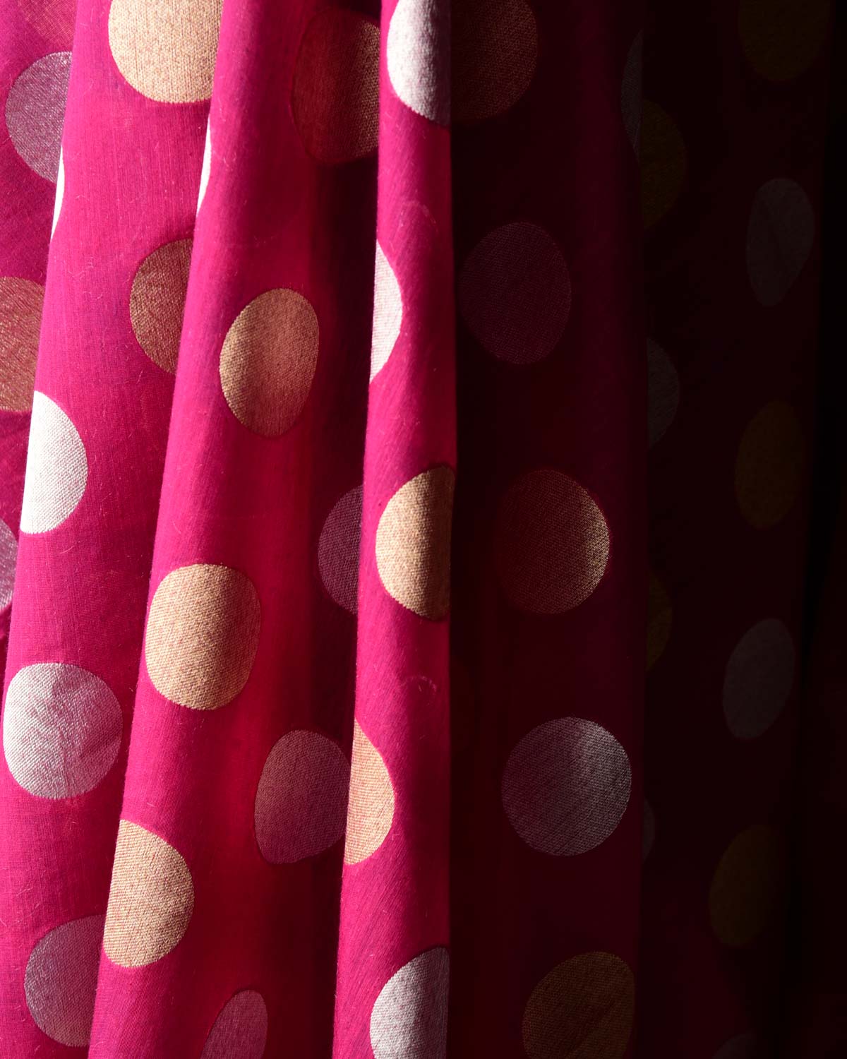 Magenta Gold & Silver Zari Polka Dots Cutwork Brocade Handwoven Cotton Silk Banarasi Fabric-HolyWeaves