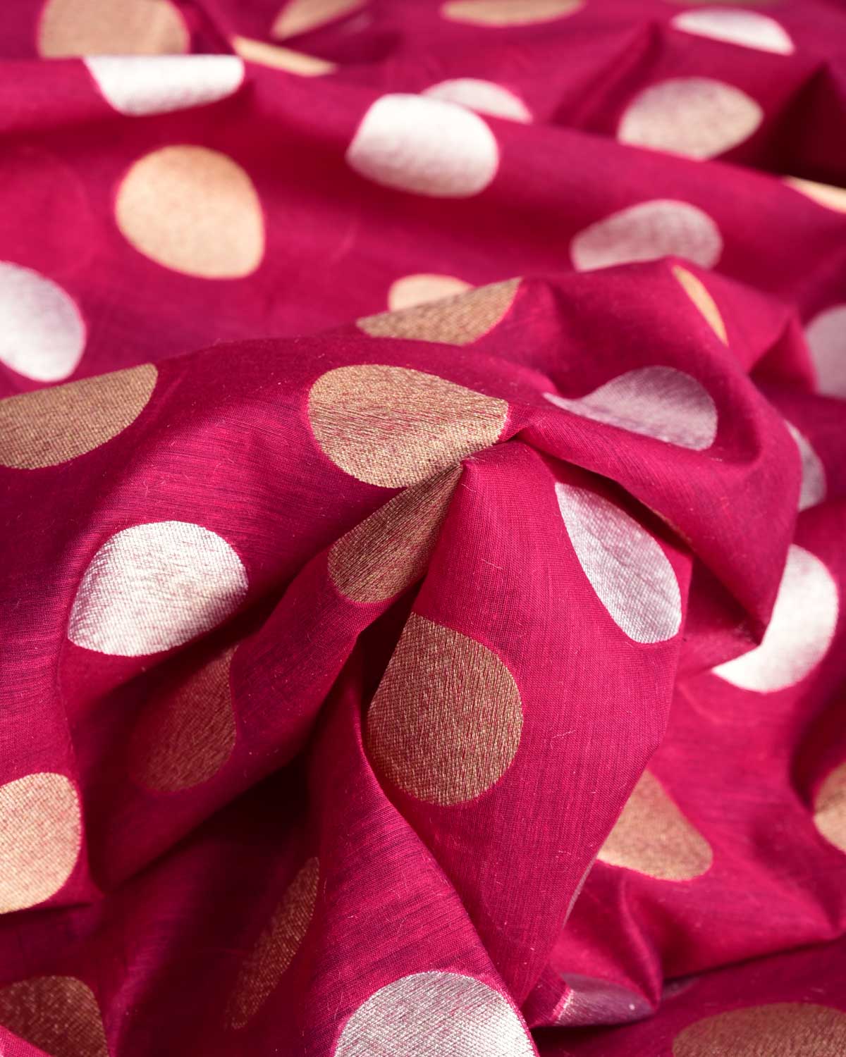 Magenta Gold & Silver Zari Polka Dots Cutwork Brocade Handwoven Cotton Silk Banarasi Fabric-HolyWeaves