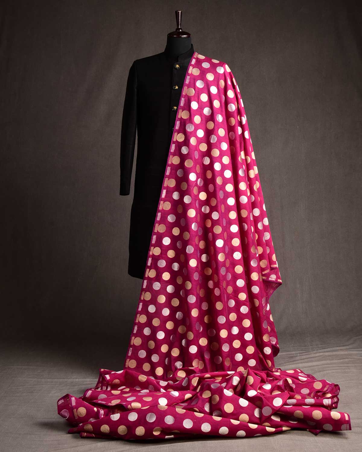Magenta Gold & Silver Zari Polka Dots Cutwork Brocade Handwoven Cotton Silk Banarasi Fabric-HolyWeaves