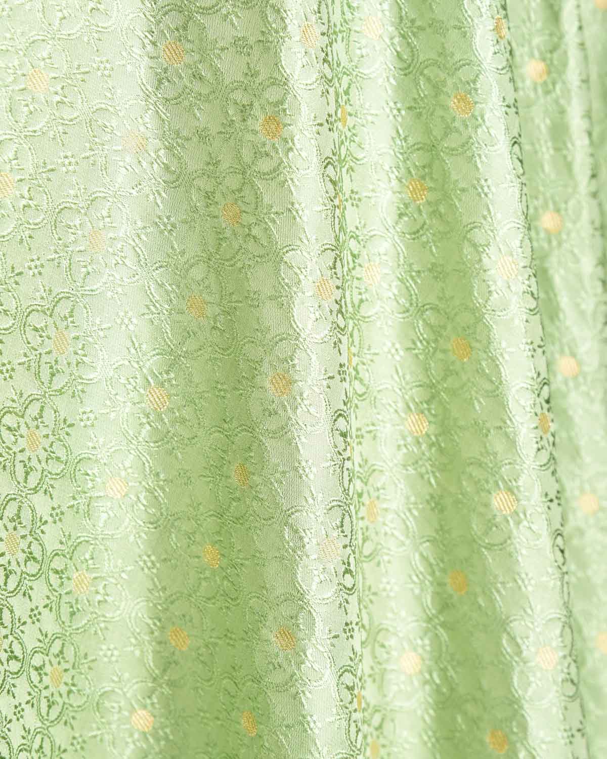 Green Gold Zari Satin Tanchoi Brocade Handwoven Katan Silk Banarasi Fabric-HolyWeaves