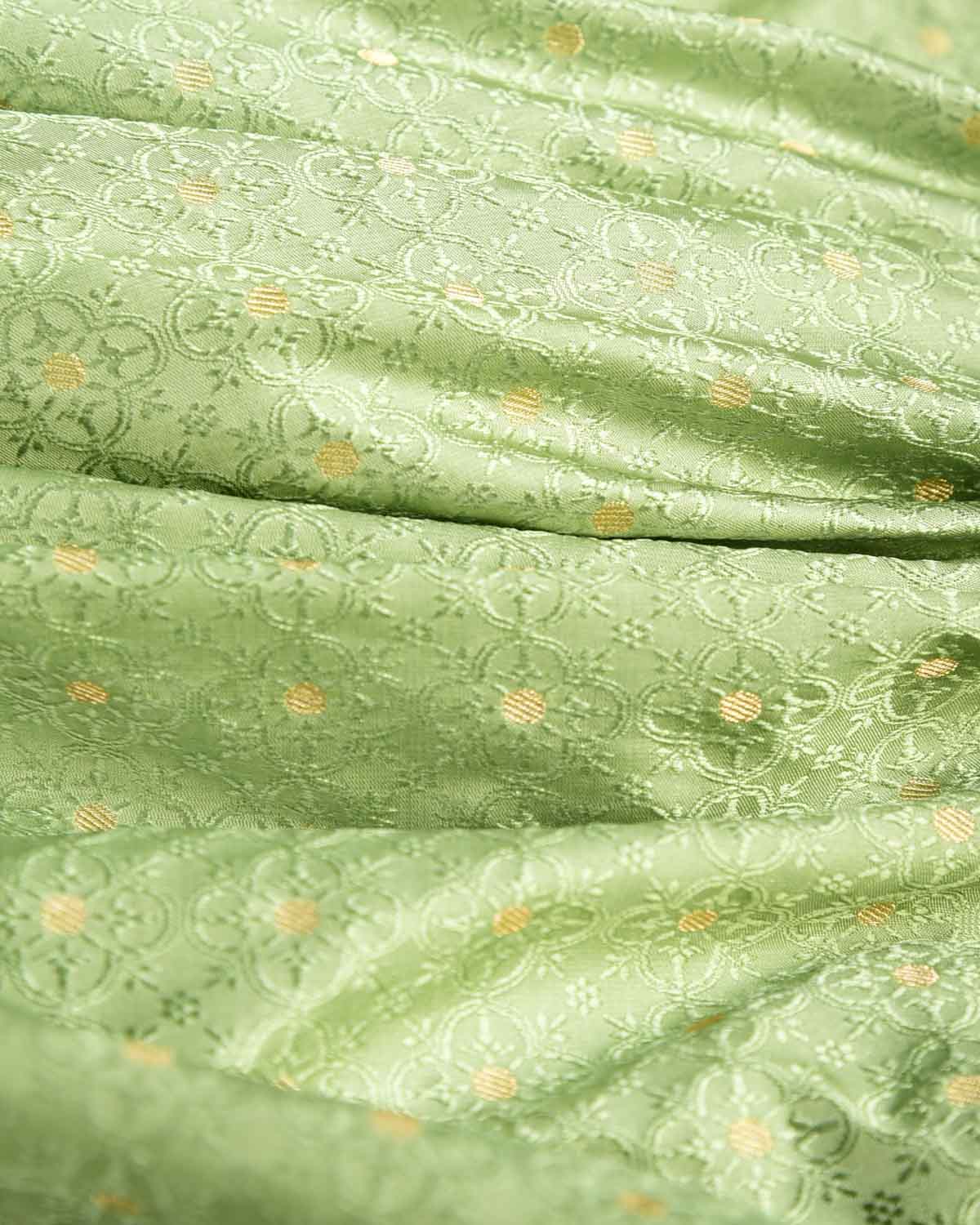 Green Gold Zari Satin Tanchoi Brocade Handwoven Katan Silk Banarasi Fabric-HolyWeaves