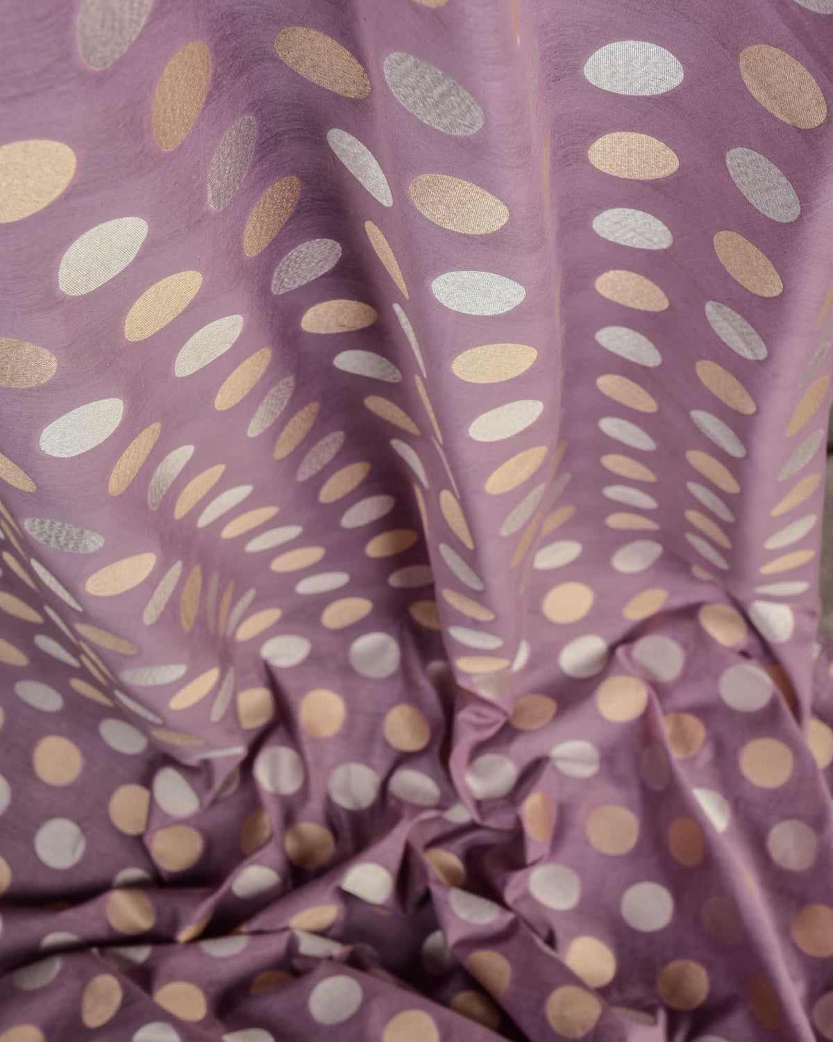 Mauve Gold & Silver Zari Cutwork Brocade Handwoven Cotton Silk Banarasi Fabric-HolyWeaves