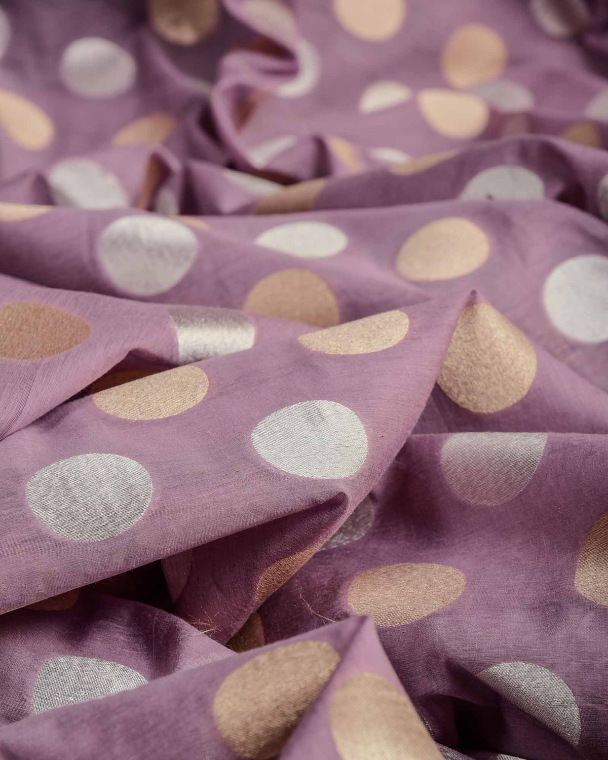 Mauve Gold & Silver Zari Cutwork Brocade Handwoven Cotton Silk Banarasi Fabric-HolyWeaves