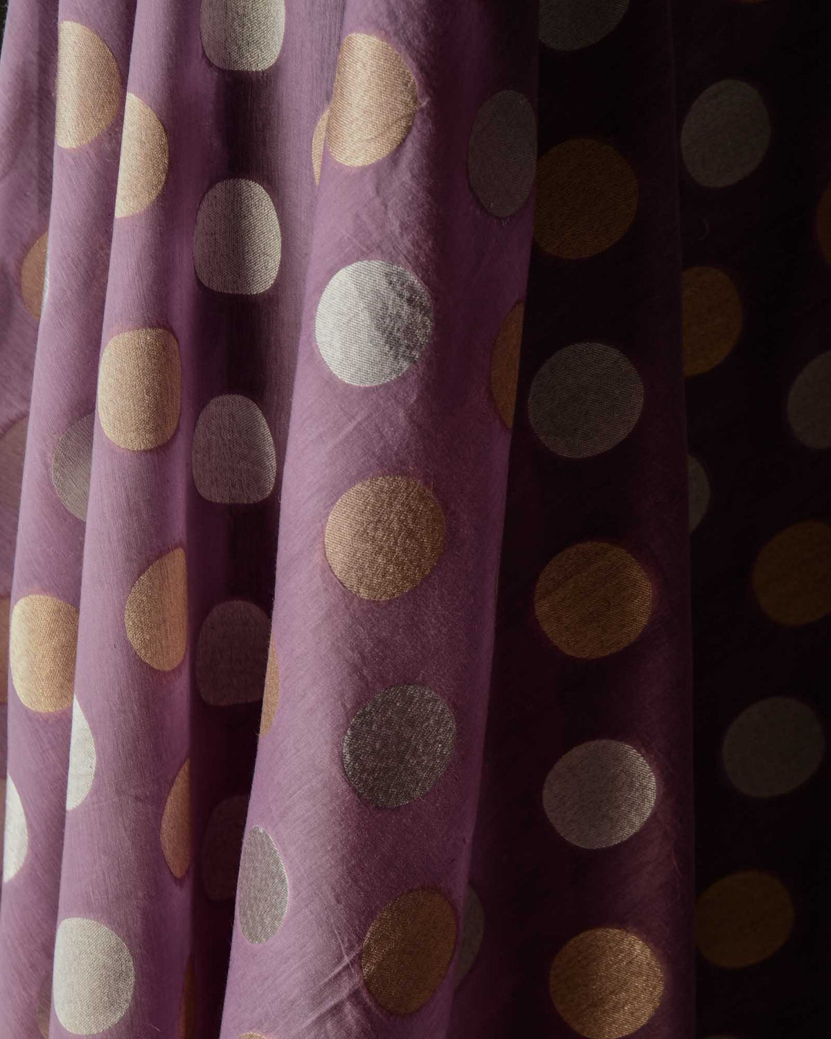 Mauve Gold & Silver Zari Cutwork Brocade Handwoven Cotton Silk Banarasi Fabric-HolyWeaves