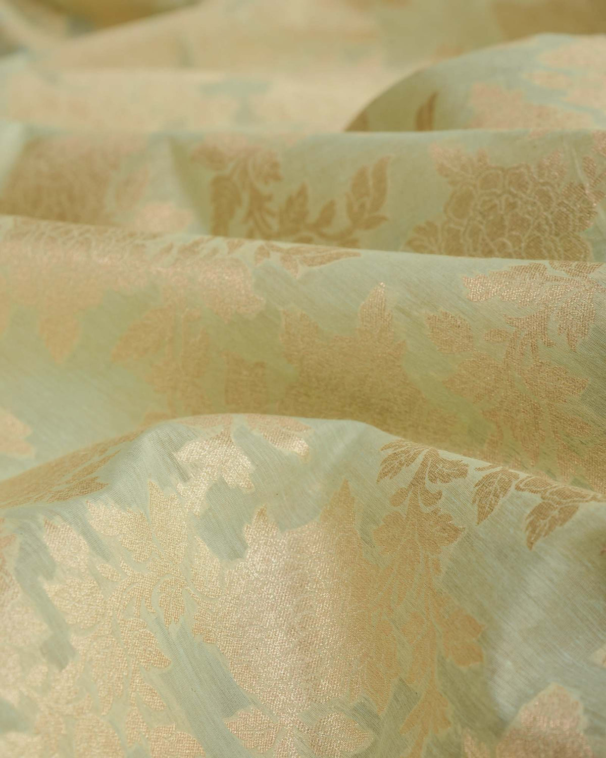 Green Gold Zari Floral Jaal Cutwork Brocade Handwoven Cotton Silk Banarasi Fabric-HolyWeaves