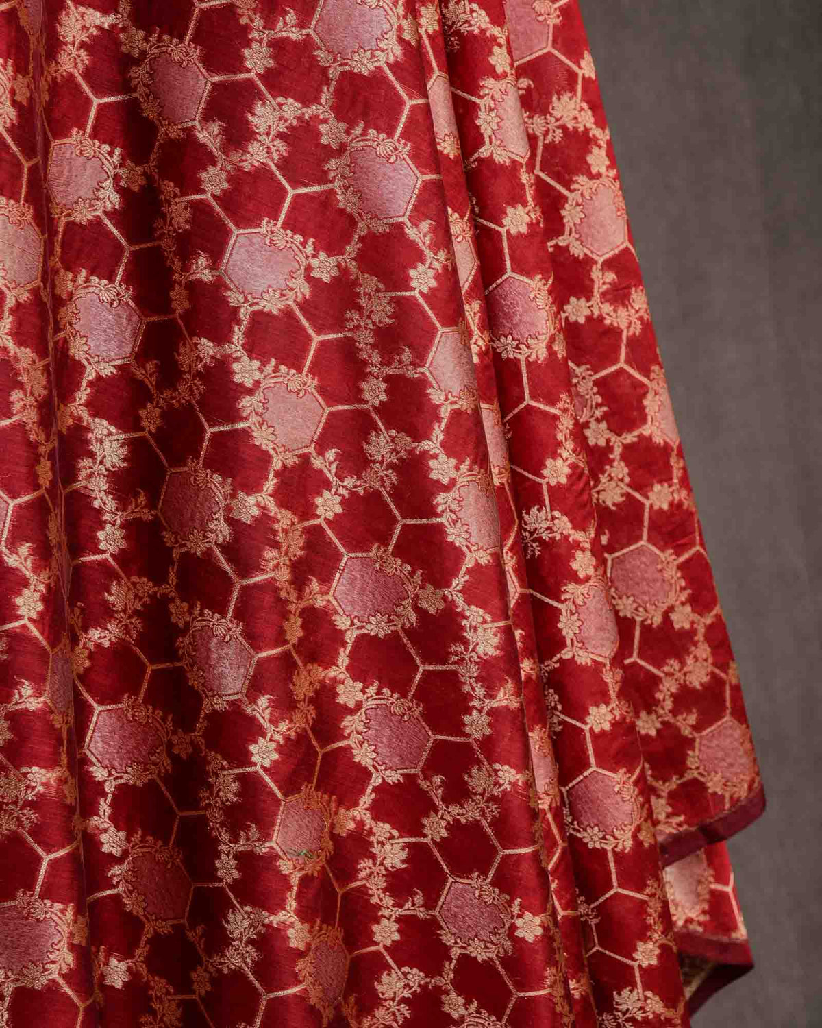 Maroon Gold & Silver Zari Jaal Cutwork Brocade Woven Cotton Silk Banarasi Fabric-HolyWeaves