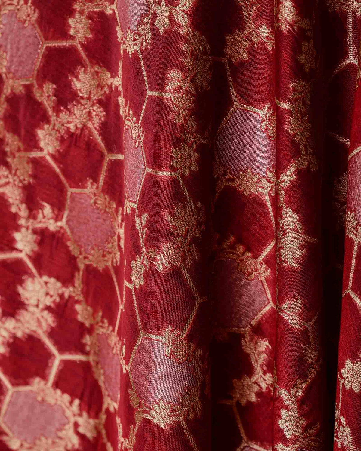 Maroon Gold & Silver Zari Jaal Cutwork Brocade Woven Cotton Silk Banarasi Fabric-HolyWeaves