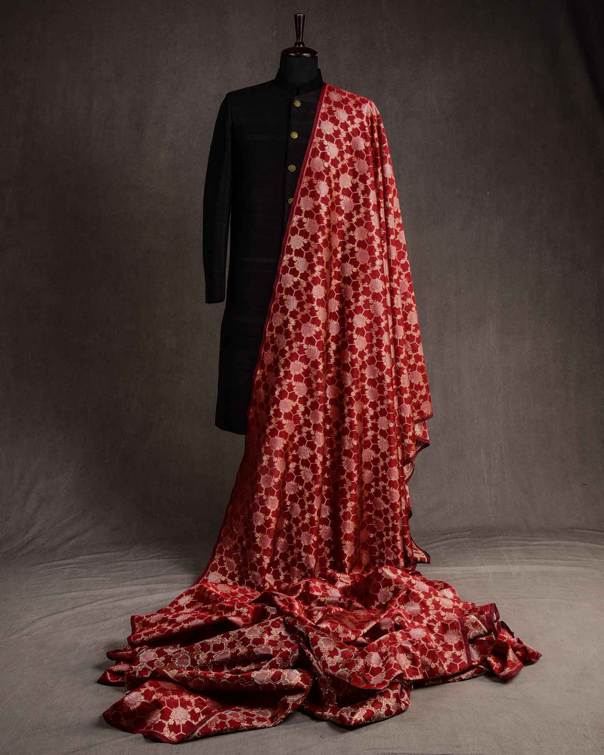 Maroon Gold & Silver Zari Jaal Cutwork Brocade Woven Cotton Silk Banarasi Fabric-HolyWeaves