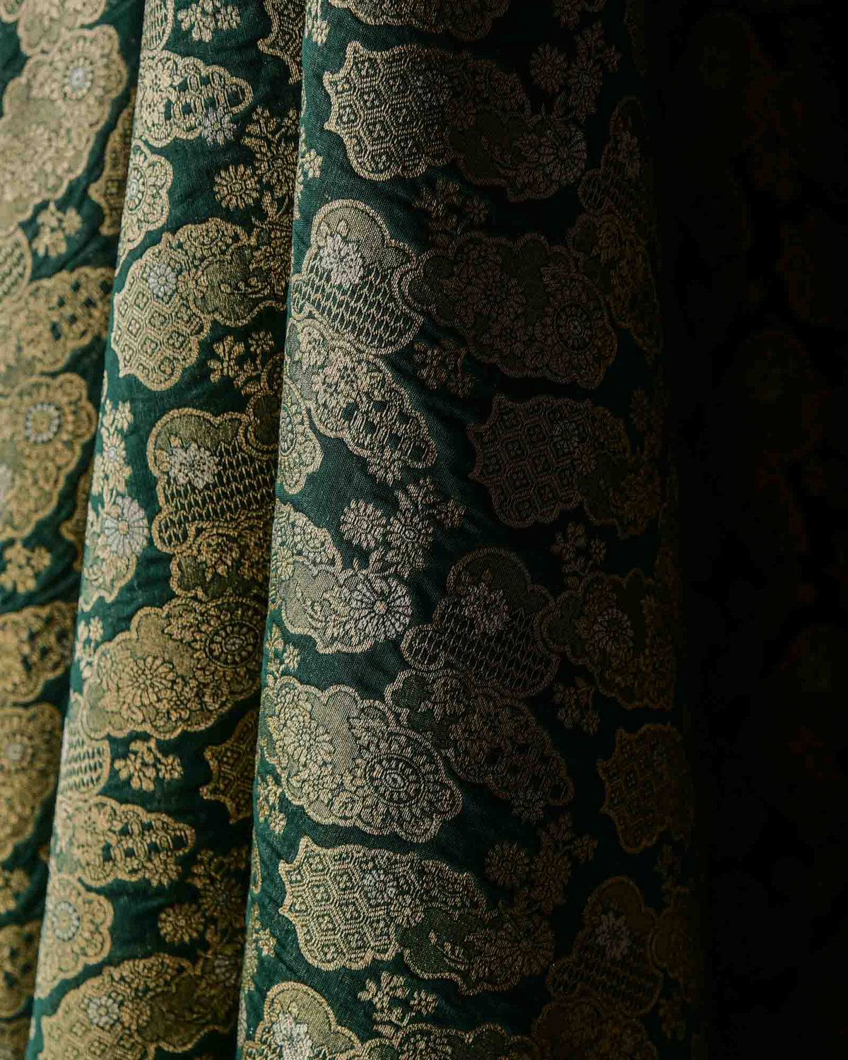 Green Gold & Silver Zari Jaal Cutwork Brocade Woven Cotton Silk Banarasi Fabric-HolyWeaves