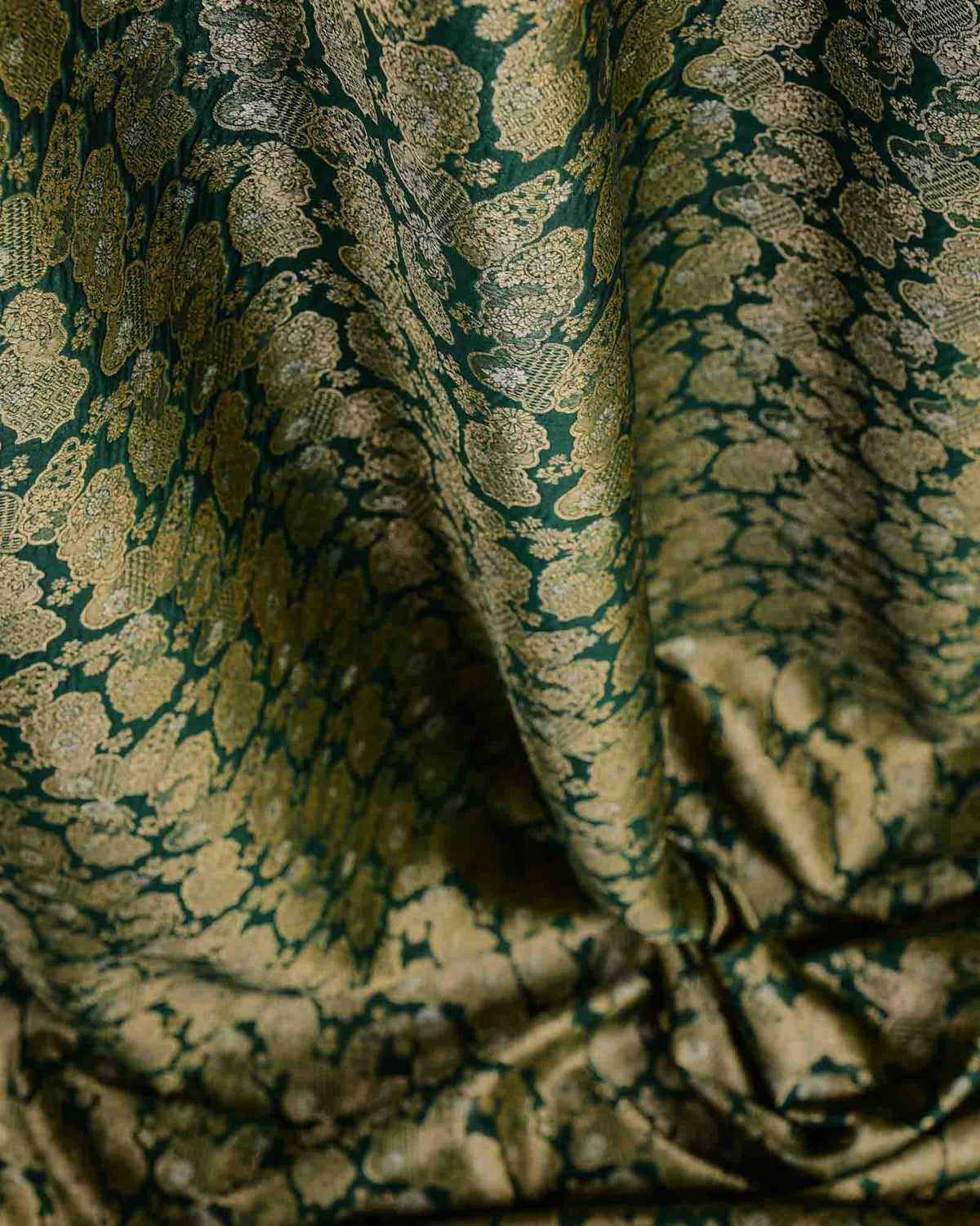Green Gold & Silver Zari Jaal Cutwork Brocade Woven Cotton Silk Banarasi Fabric-HolyWeaves