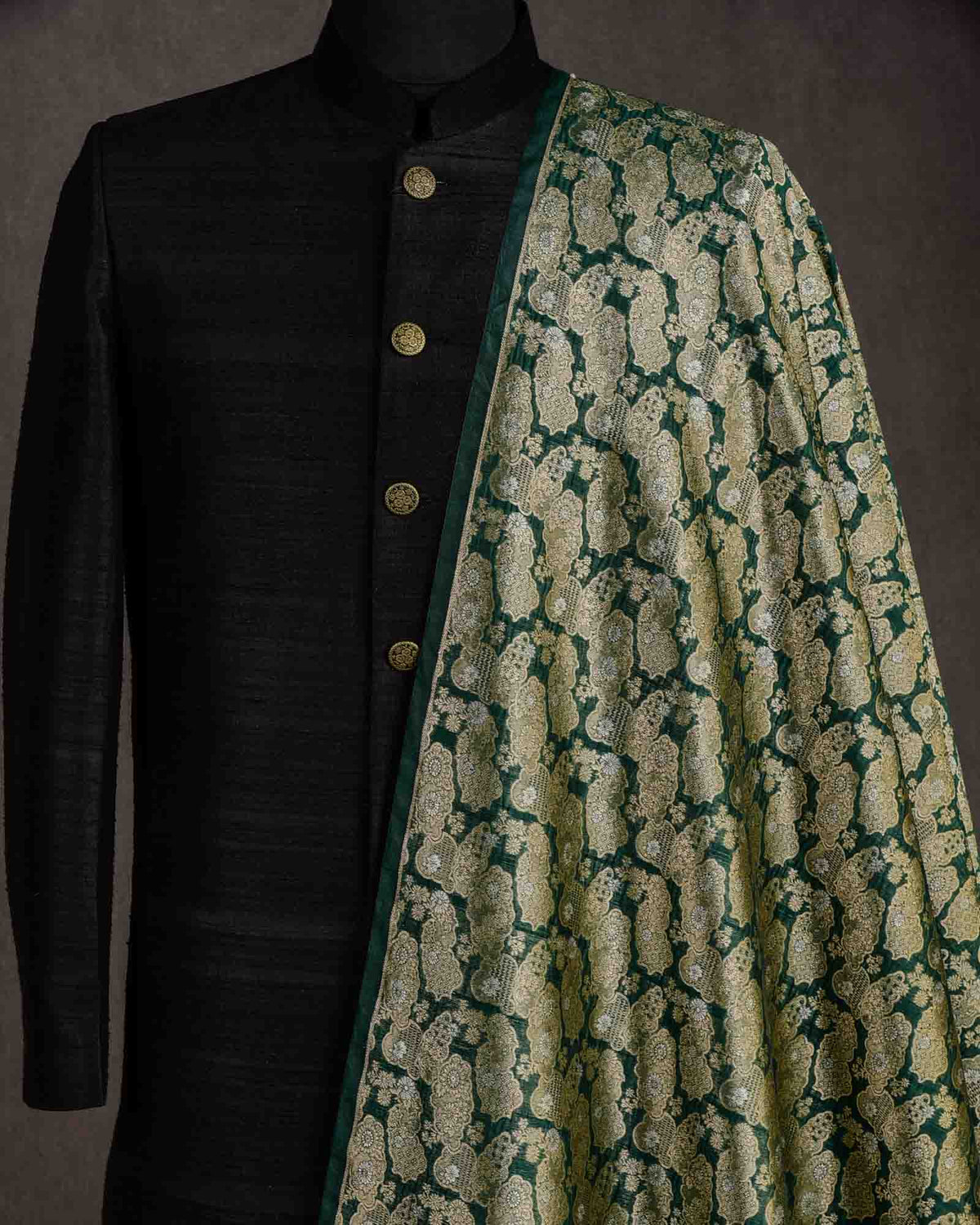 Green Gold & Silver Zari Jaal Cutwork Brocade Woven Cotton Silk Banarasi Fabric-HolyWeaves