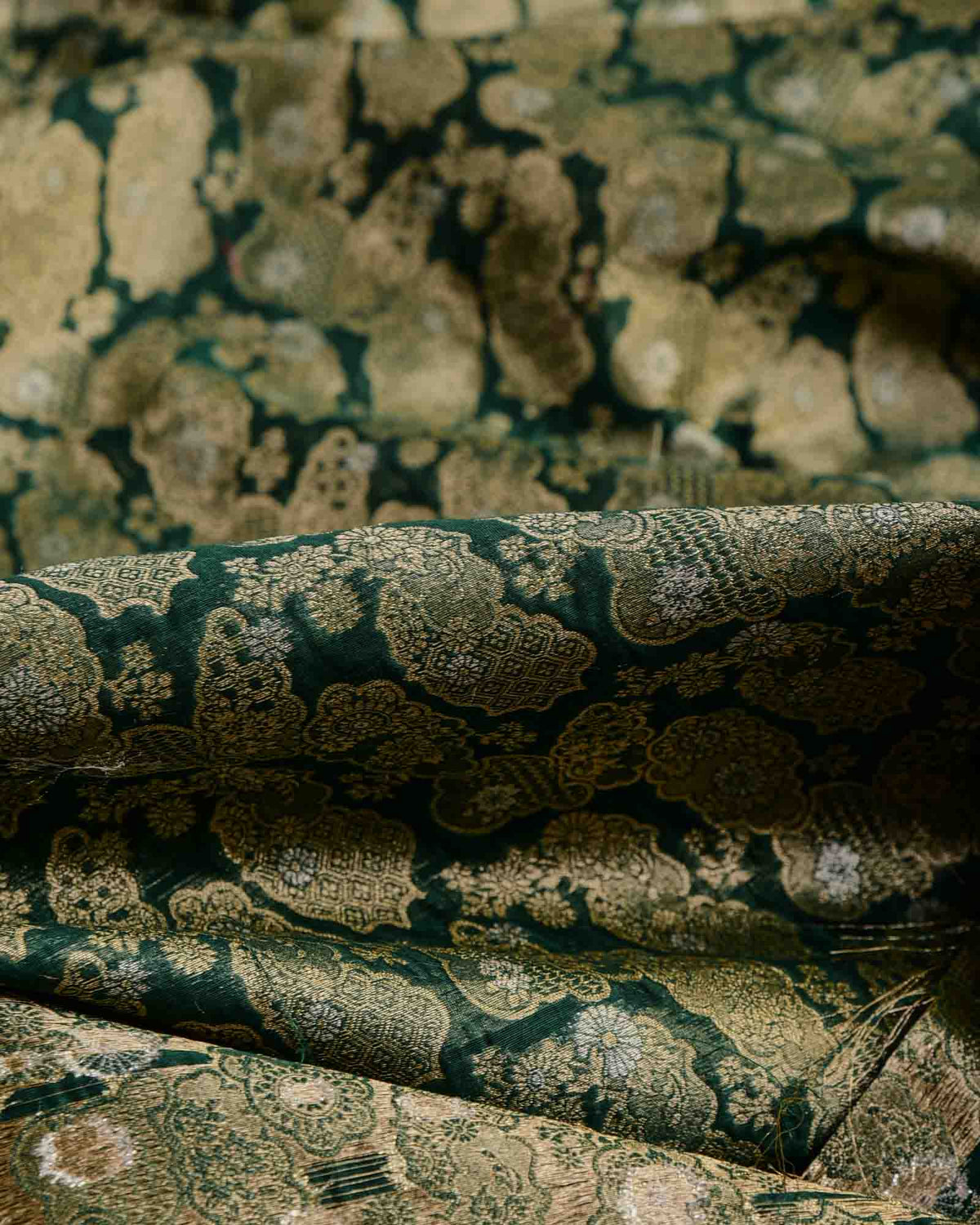 Green Gold & Silver Zari Jaal Cutwork Brocade Woven Cotton Silk Banarasi Fabric-HolyWeaves