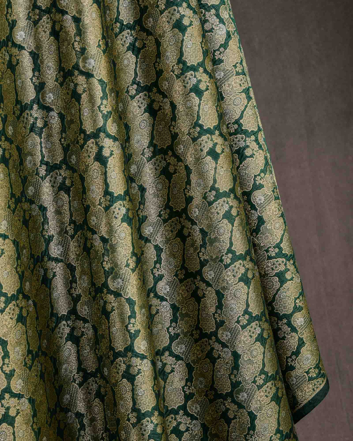 Green Gold & Silver Zari Jaal Cutwork Brocade Woven Cotton Silk Banarasi Fabric-HolyWeaves