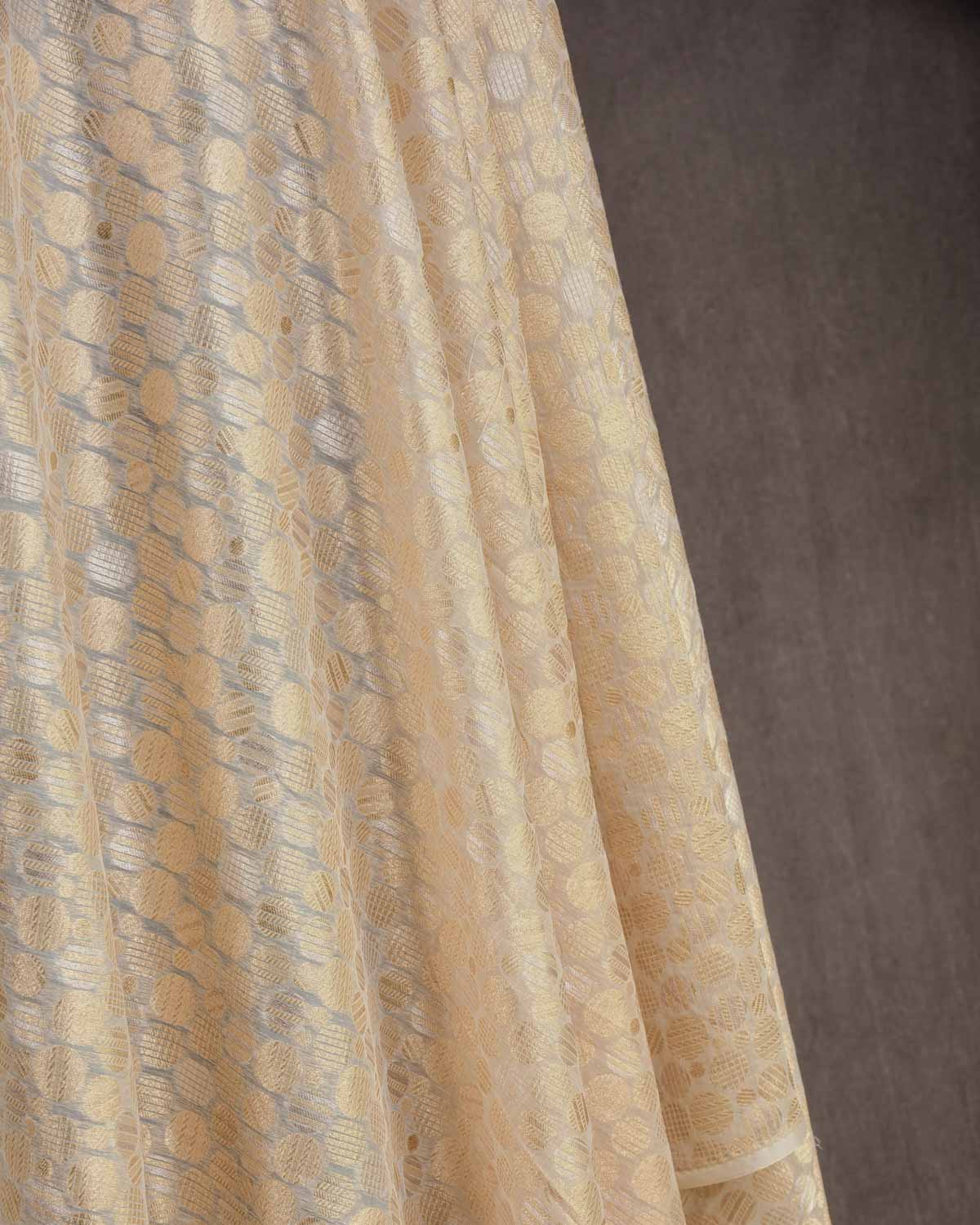 Ivory White Gold & Silver Zari Spheres Cutwork Brocade Woven Cotton Silk Banarasi Fabric