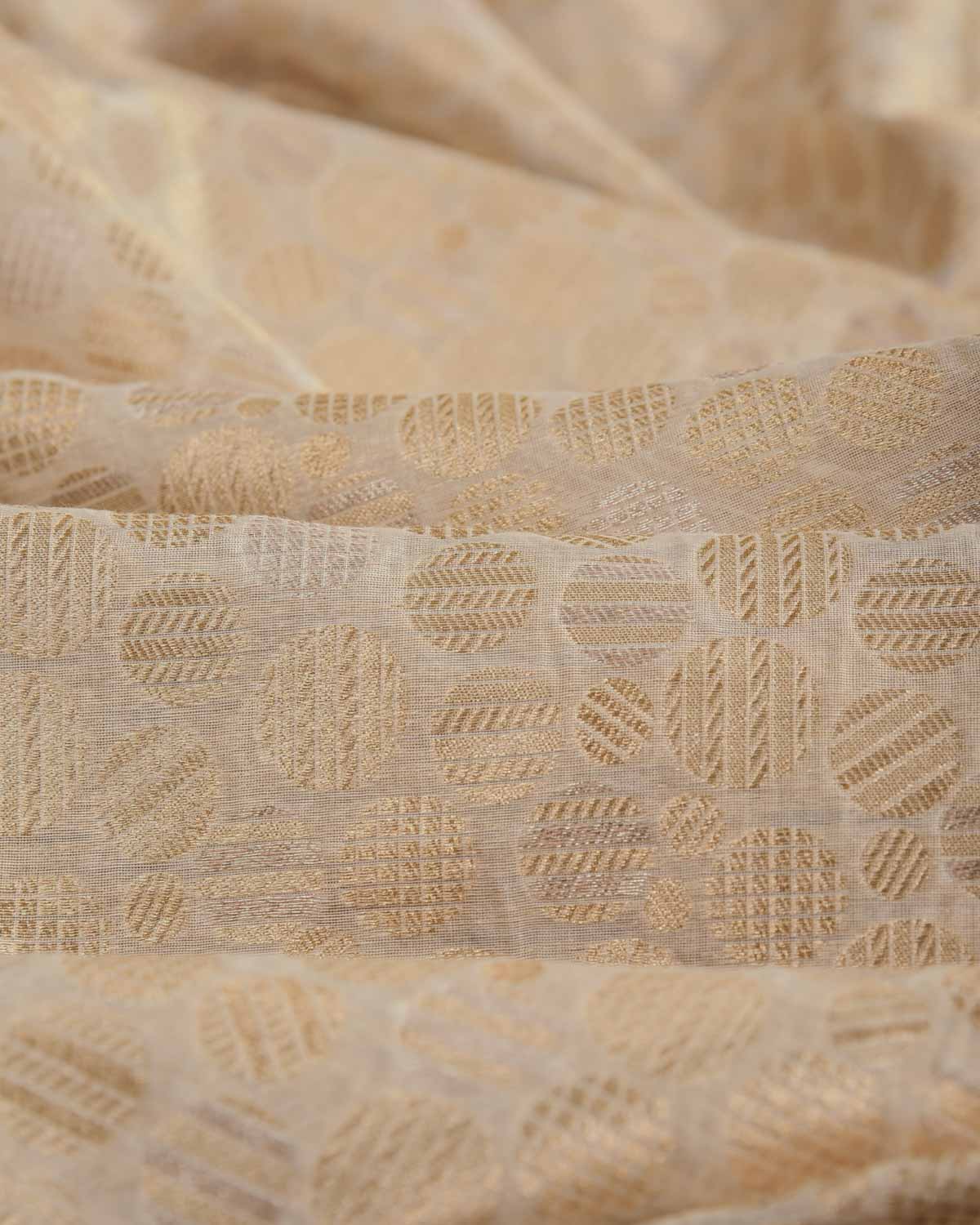 Ivory White Gold & Silver Zari Spheres Cutwork Brocade Woven Cotton Silk Banarasi Fabric