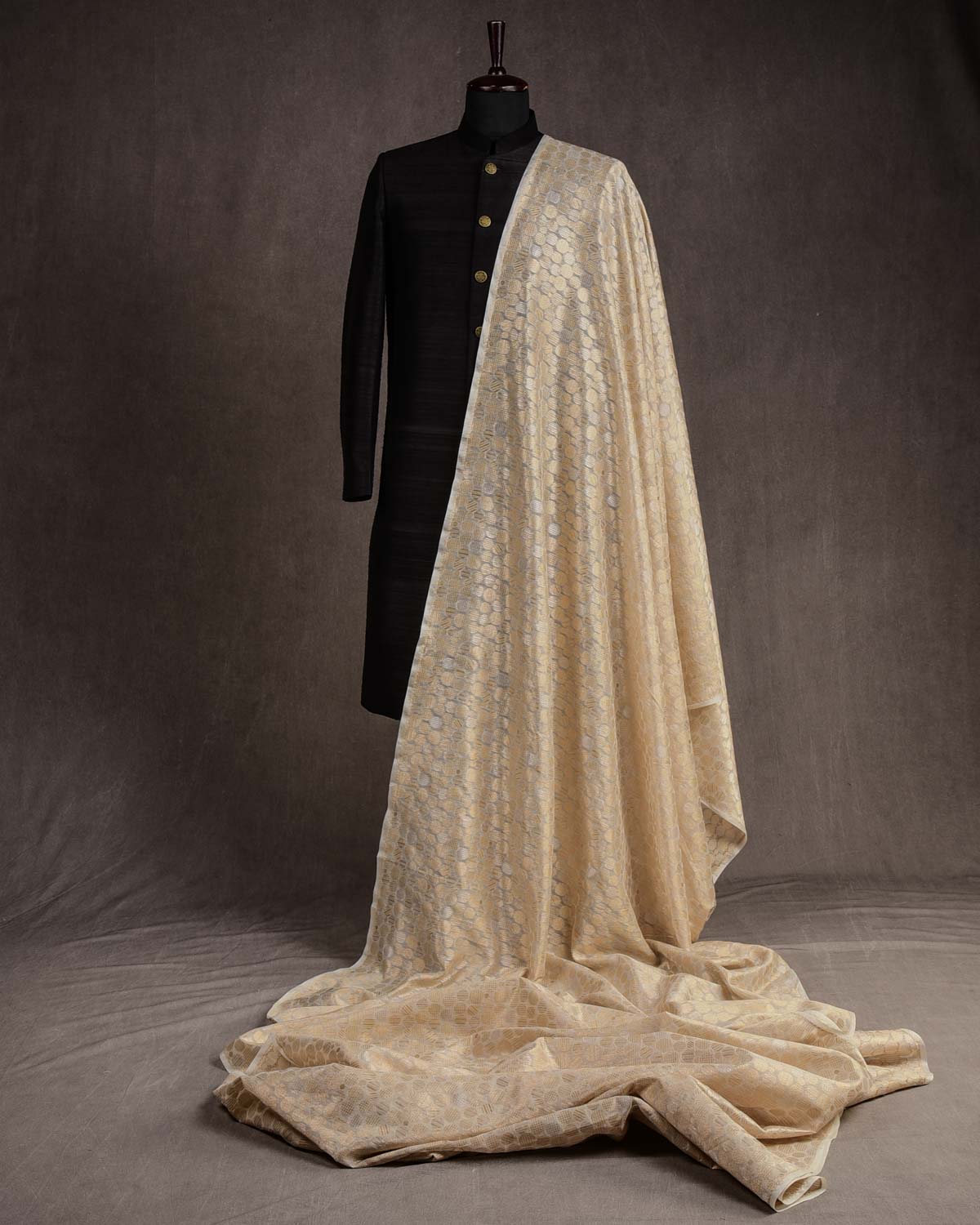 Ivory White Gold & Silver Zari Spheres Cutwork Brocade Woven Cotton Silk Banarasi Fabric