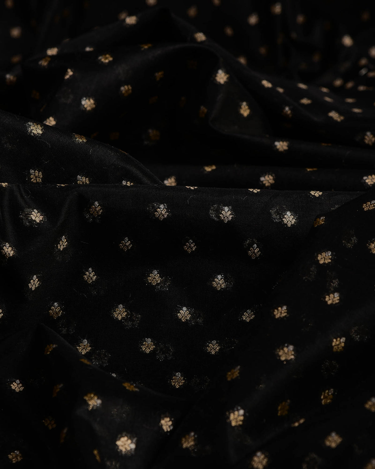 Black Gold & Silver Zari Buti Cutwork Brocade Woven Cotton Silk Banarasi Fabric-HolyWeaves