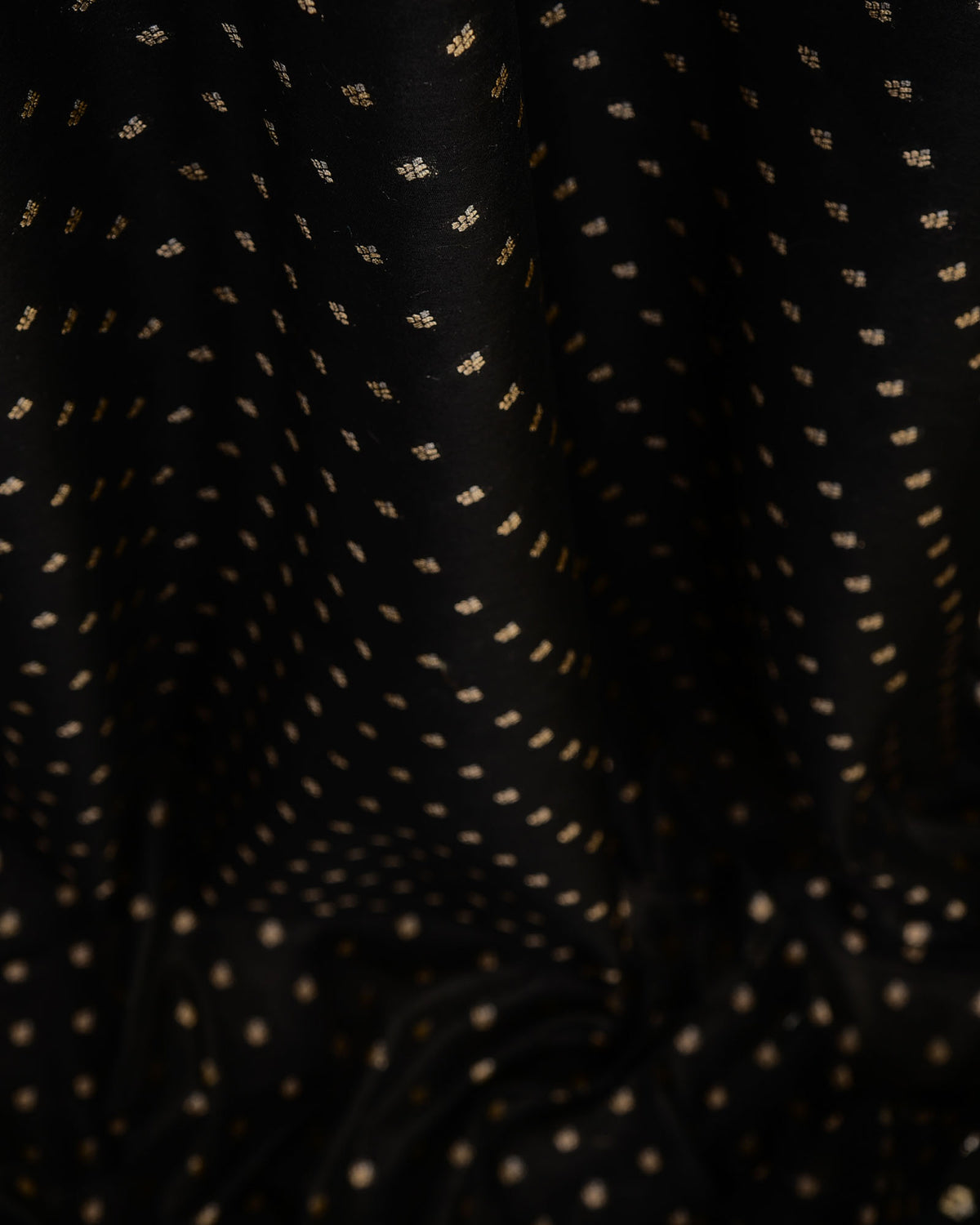 Black Gold & Silver Zari Buti Cutwork Brocade Woven Cotton Silk Banarasi Fabric-HolyWeaves