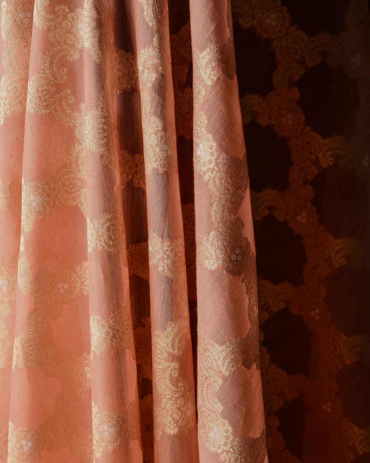 Peach Gold Zari & White Resham Jangla Cutwork Brocade Handwoven Cotton Silk Banarasi Fabric-HolyWeaves