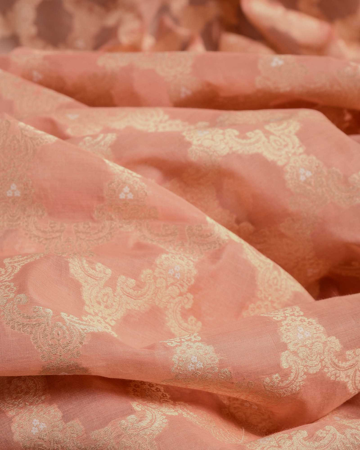 Peach Gold Zari & White Resham Jangla Cutwork Brocade Handwoven Cotton Silk Banarasi Fabric-HolyWeaves