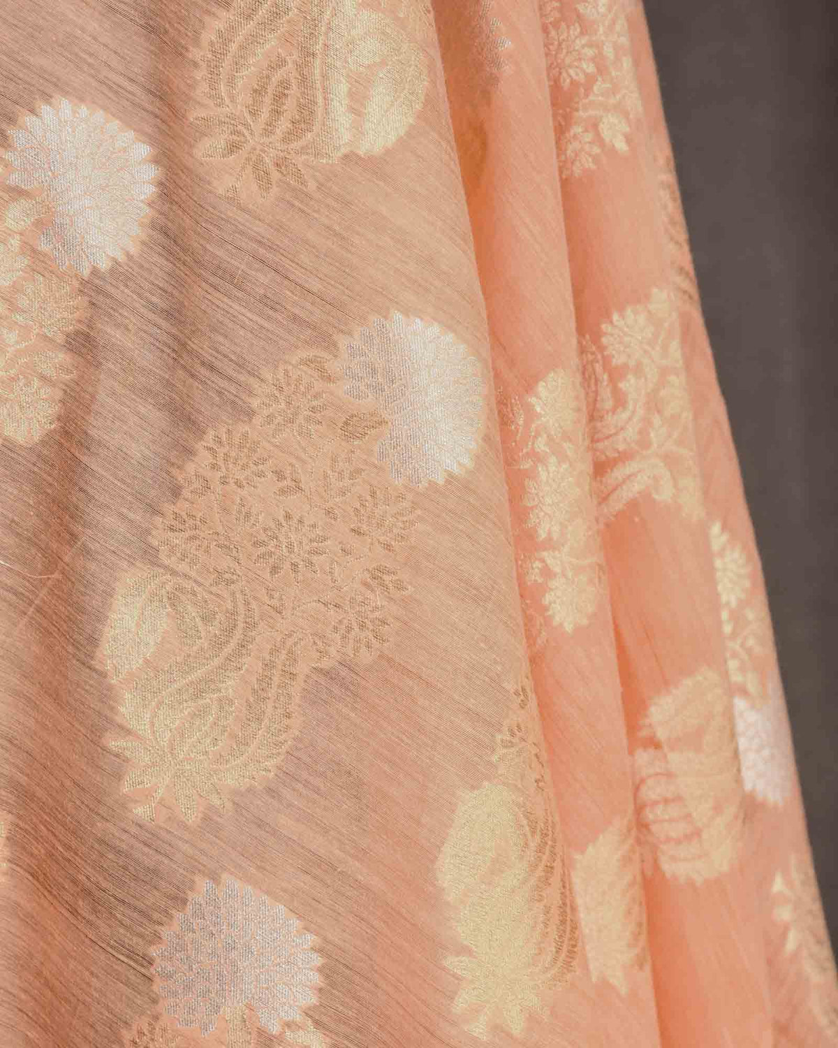 Peach Gold Zari & White Resham Buta Cutwork Brocade Handwoven Cotton Silk Banarasi Fabric-HolyWeaves