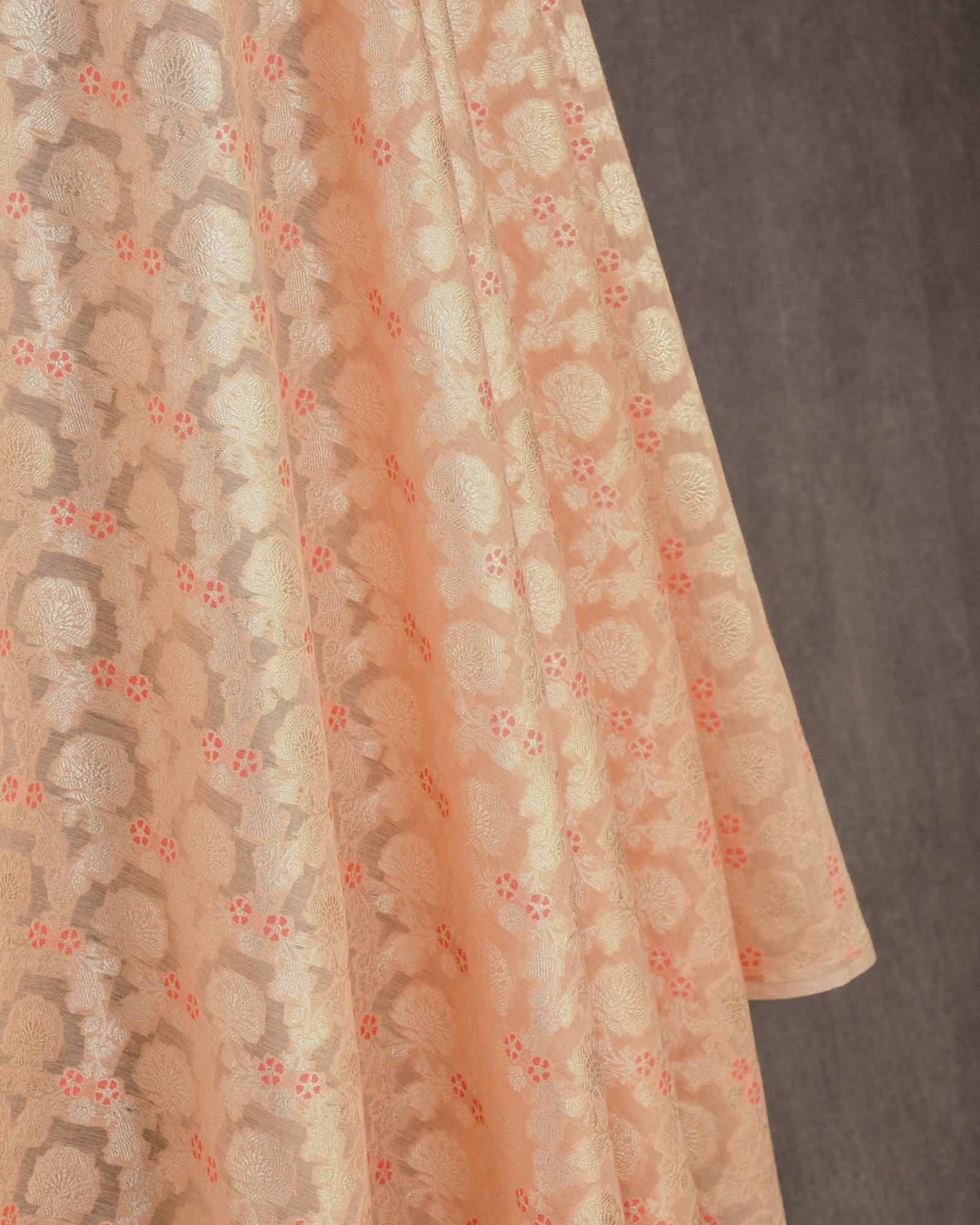 Peach Gold Zari & Meenekari Floral Jaal Cutwork Brocade Handwoven Cotton Silk Banarasi Fabric-HolyWeaves