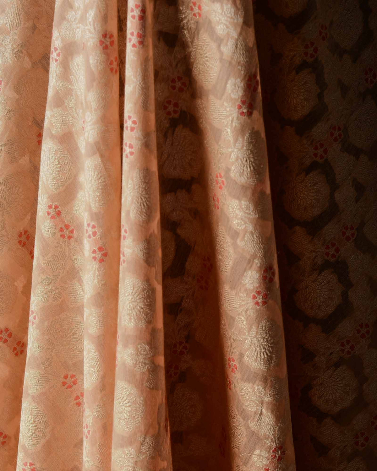 Peach Gold Zari & Meenekari Floral Jaal Cutwork Brocade Handwoven Cotton Silk Banarasi Fabric-HolyWeaves