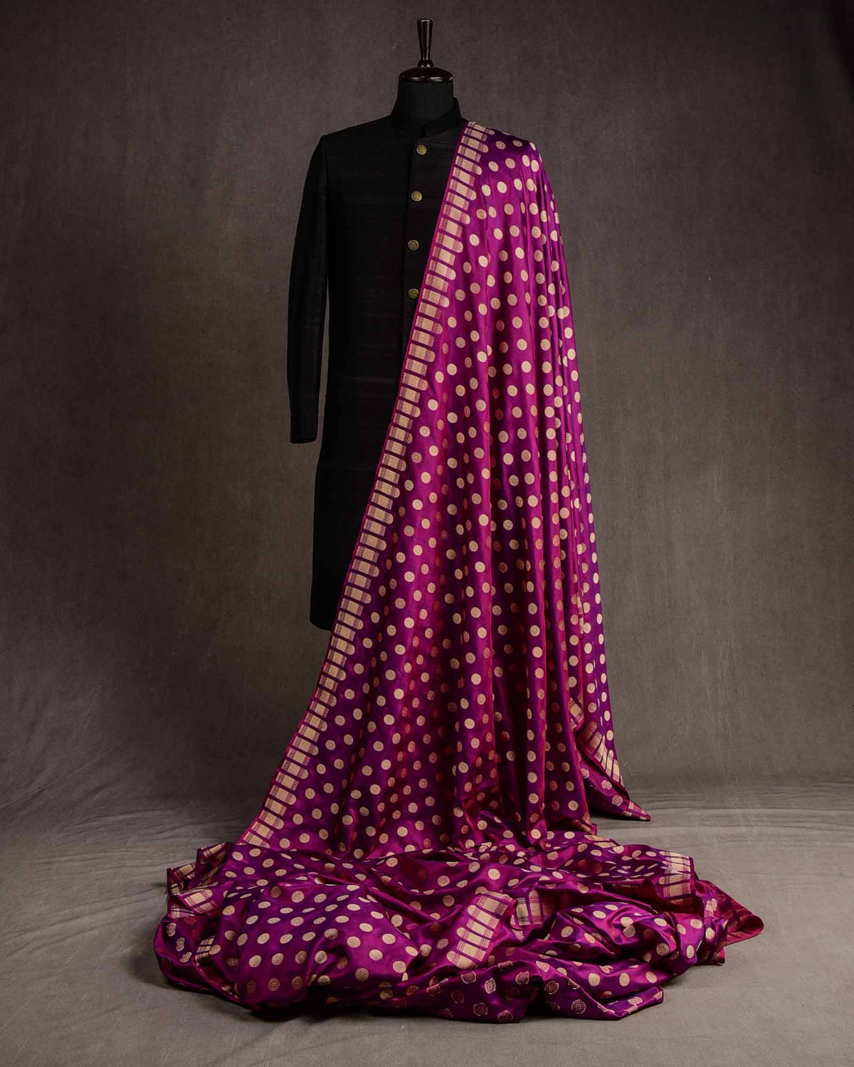 Purple Gold Zari Asharfi Buti Cutwork Brocade Handwoven Katan Silk Banarasi Fabric-HolyWeaves