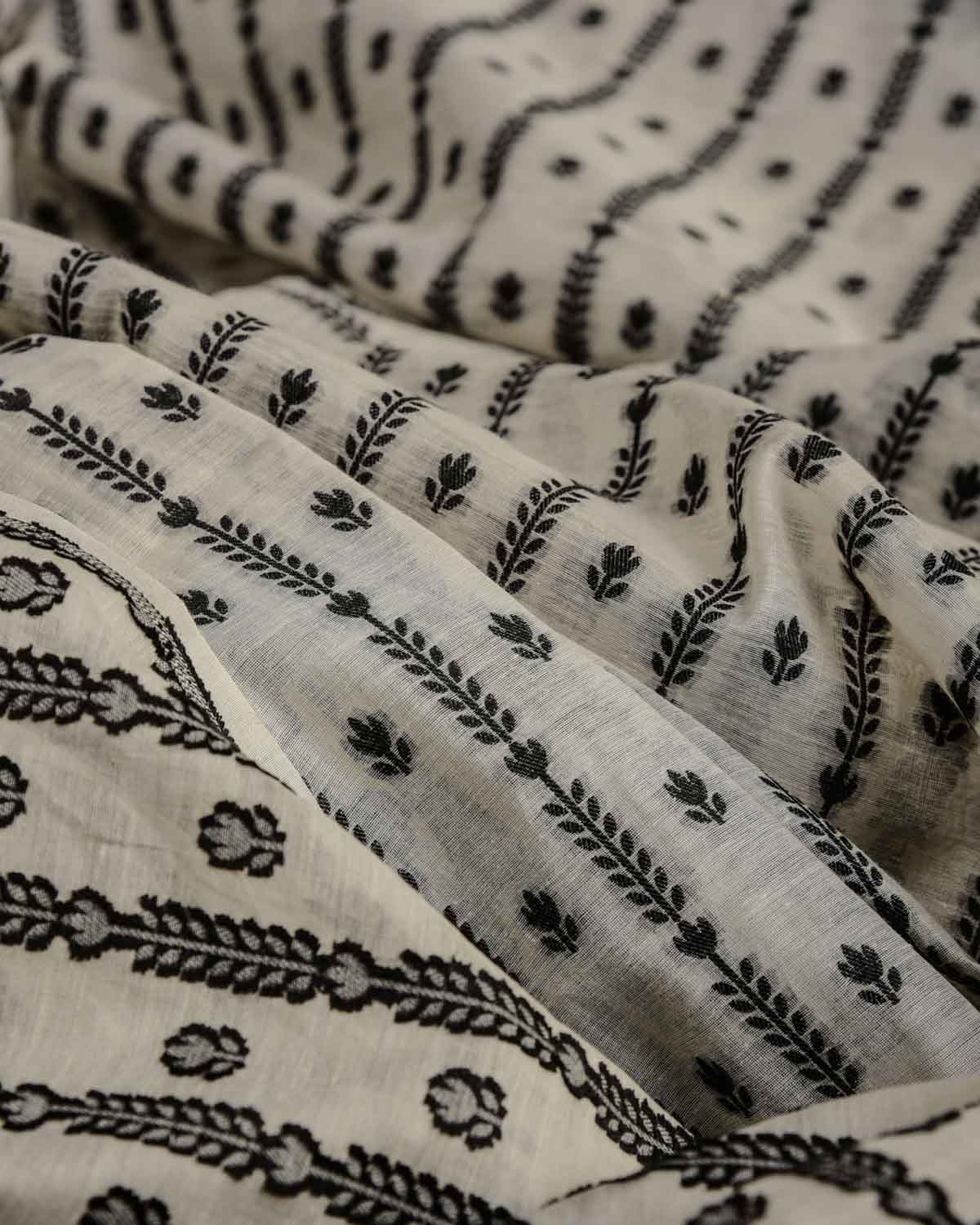 White Black Resham Buti Cutwork Brocade Woven Cotton Silk Banarasi Fabric-HolyWeaves