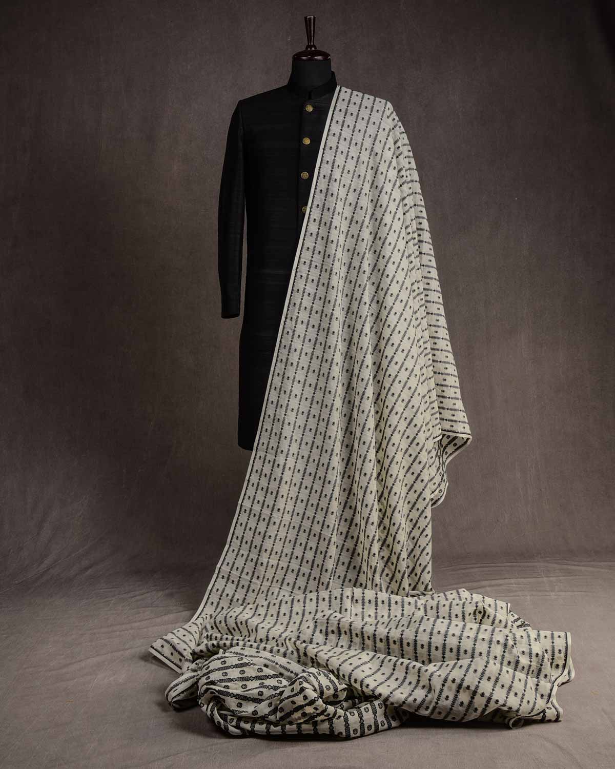 White Black Resham Buti Cutwork Brocade Woven Cotton Silk Banarasi Fabric-HolyWeaves