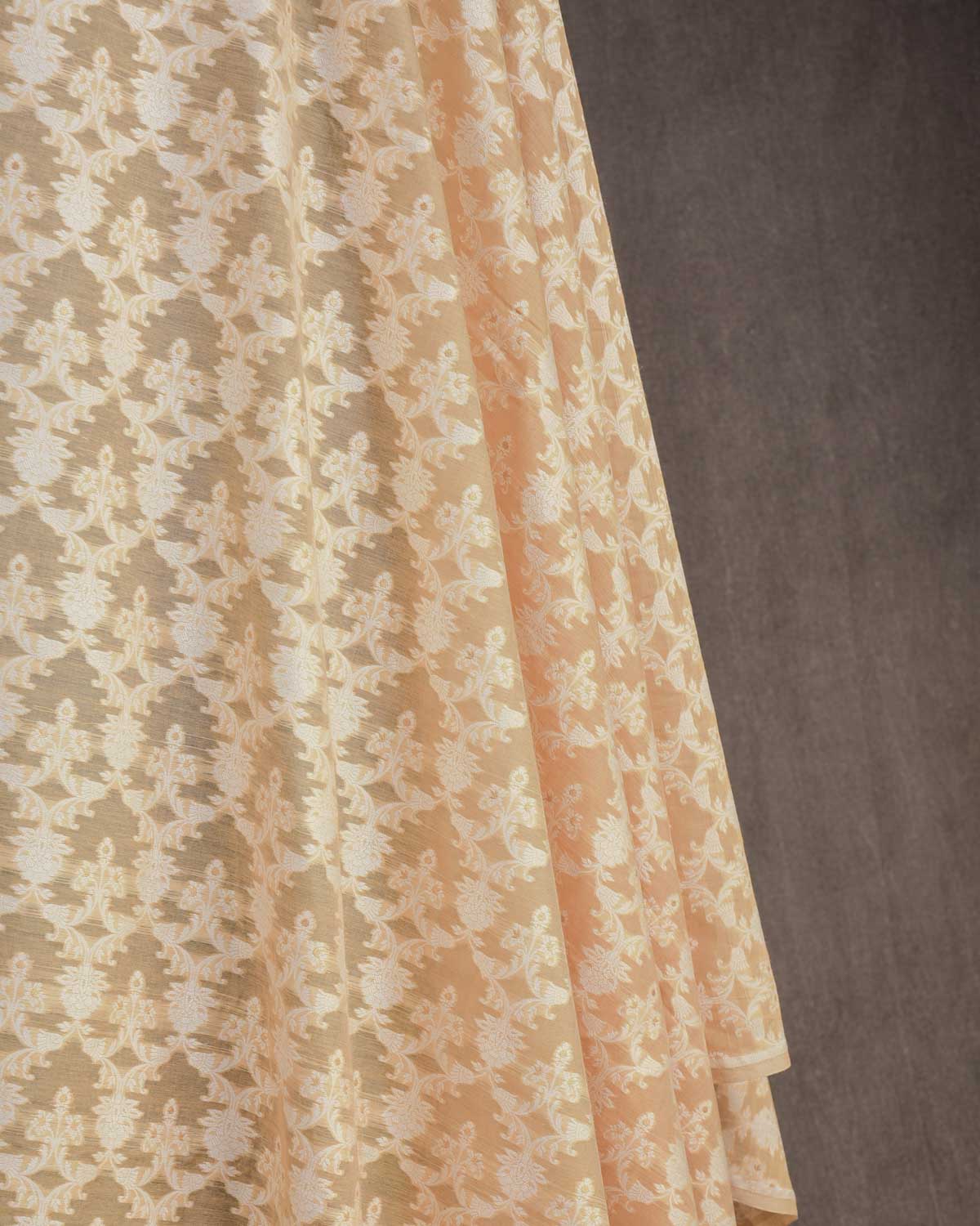 Beige Alfi Resham & Zari Jaal Cutwork Brocade Woven Cotton Silk Banarasi Fabric-HolyWeaves