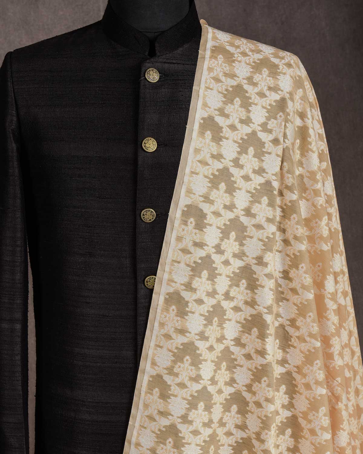 Beige Alfi Resham & Zari Jaal Cutwork Brocade Woven Cotton Silk Banarasi Fabric-HolyWeaves