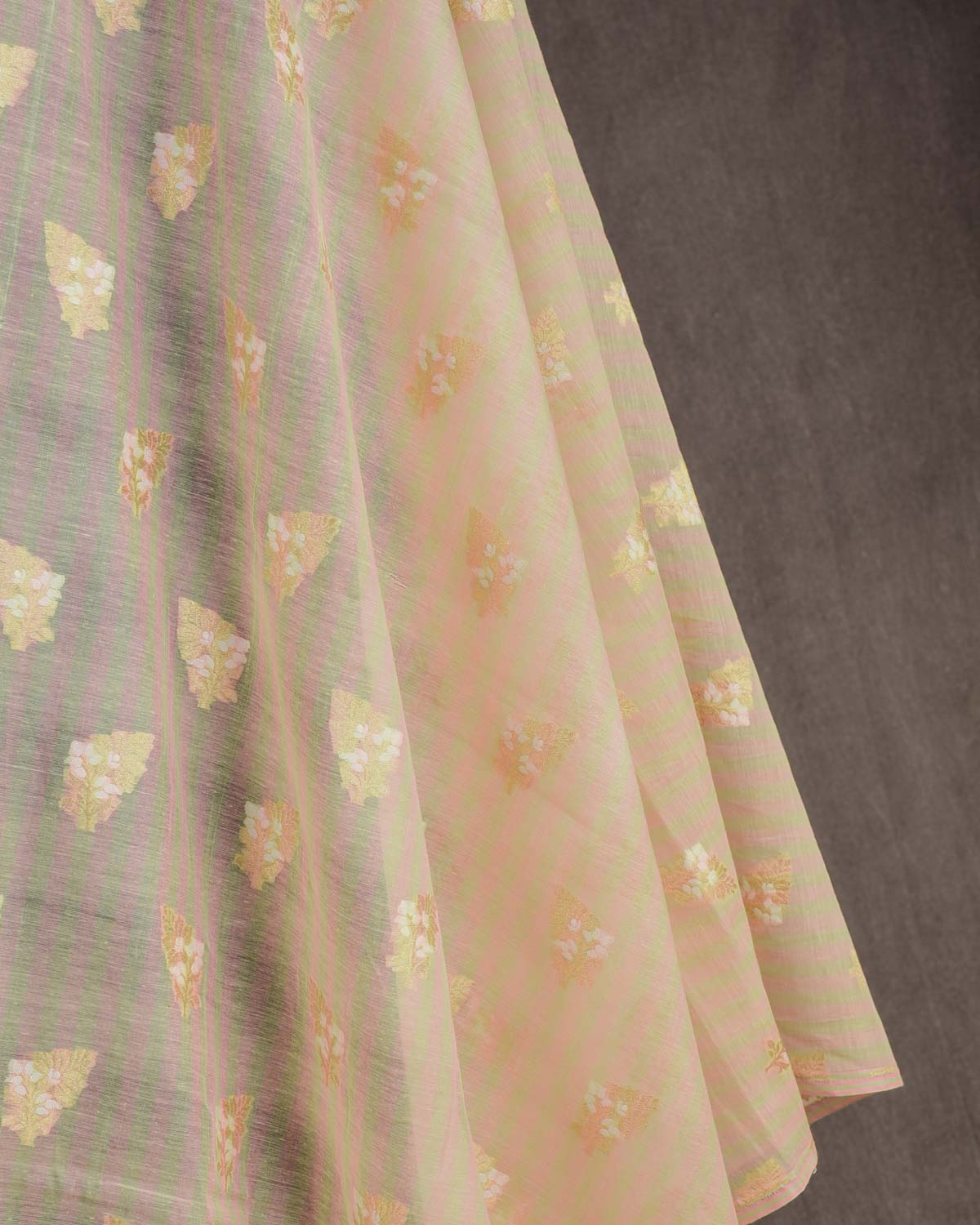 Striped Multi-color Alfi Resham & Zari Buti Cutwork Brocade Woven Cotton Silk Banarasi Fabric-HolyWeaves