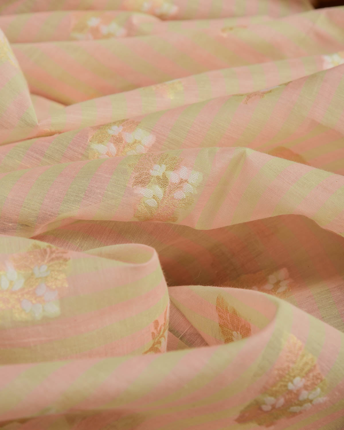 Striped Multi-color Alfi Resham & Zari Buti Cutwork Brocade Woven Cotton Silk Banarasi Fabric-HolyWeaves