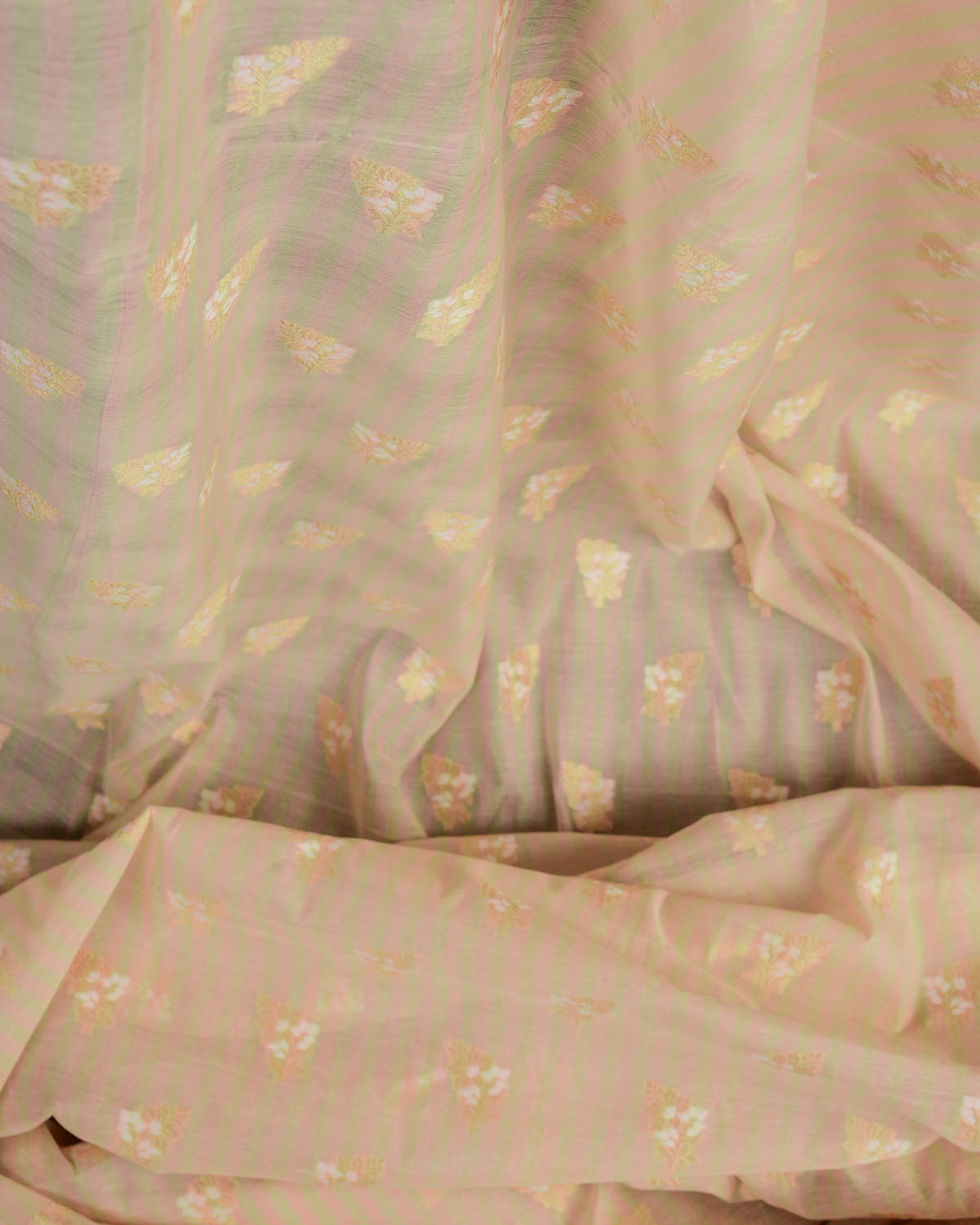 Striped Multi-color Alfi Resham & Zari Buti Cutwork Brocade Woven Cotton Silk Banarasi Fabric-HolyWeaves