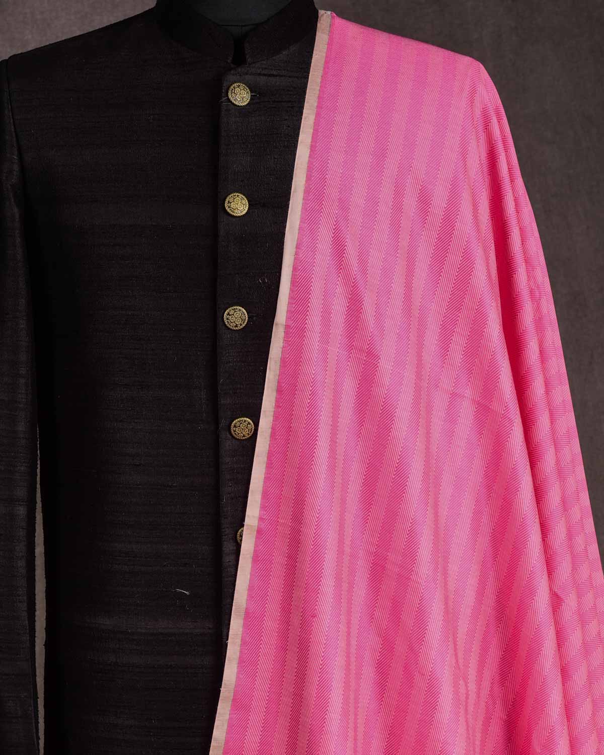 Pink Resham Chevron Stripes Brocade Woven Cotton Silk Banarasi Fabric-HolyWeaves