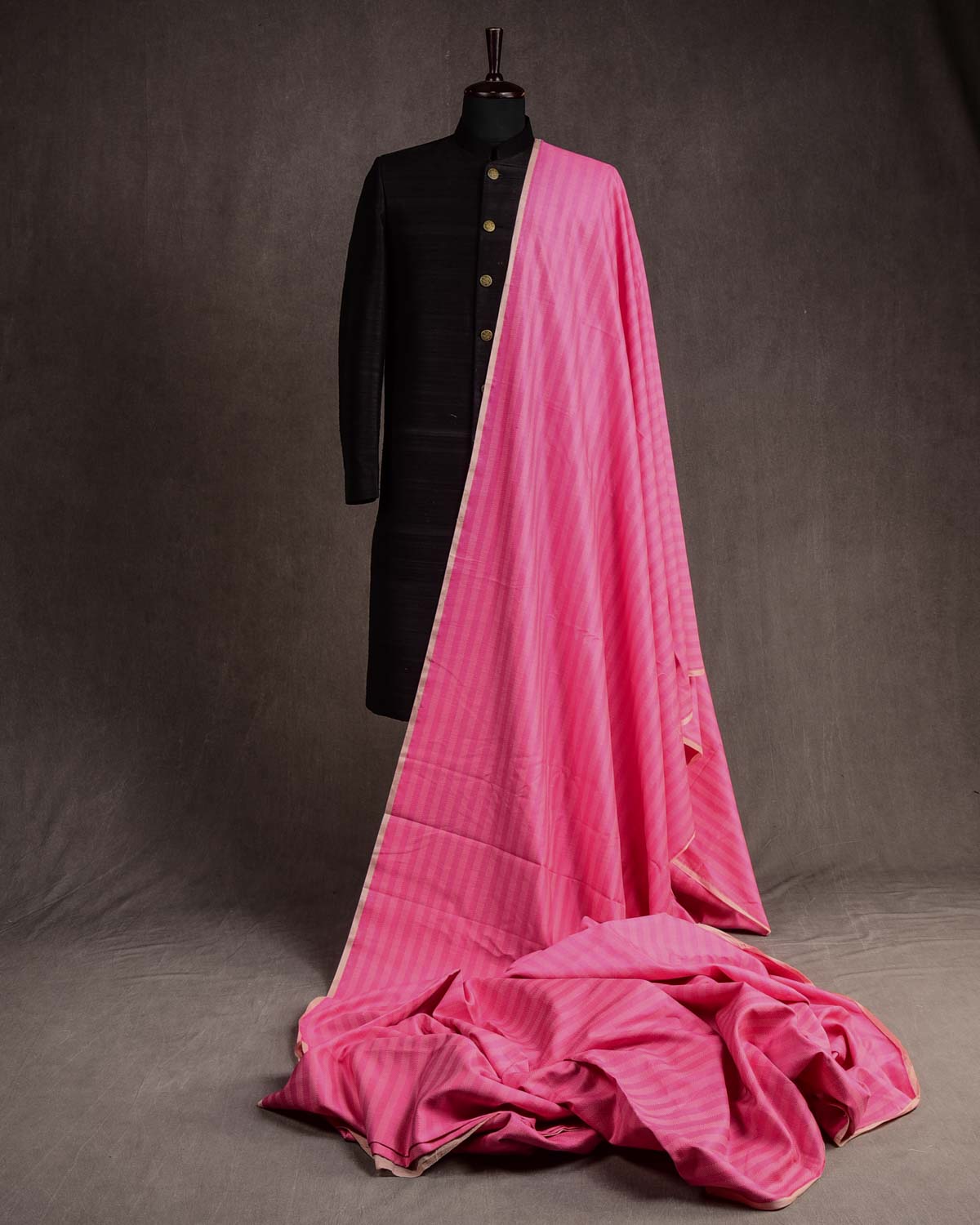 Pink Resham Chevron Stripes Brocade Woven Cotton Silk Banarasi Fabric-HolyWeaves