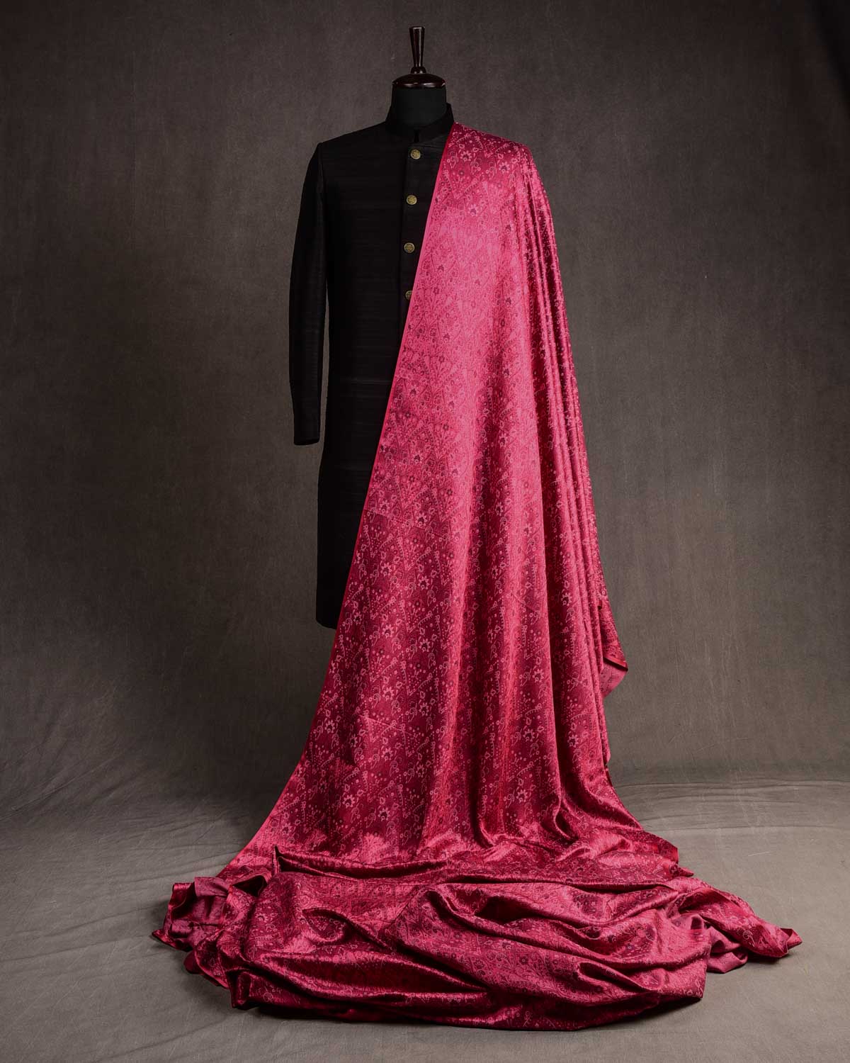 Red Satin Damask Jamawar Handwoven Katan Silk Banarasi Fabric-HolyWeaves