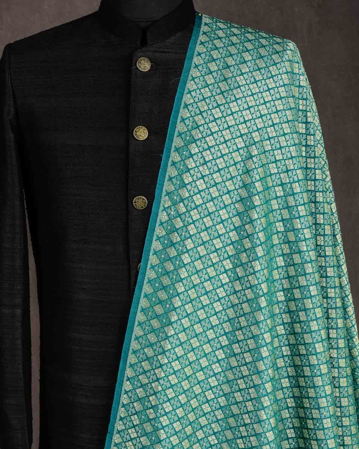 Rama Green Gold Zari Chaudani Buti Brocade Woven Muga Silk Banarasi Fabric-HolyWeaves