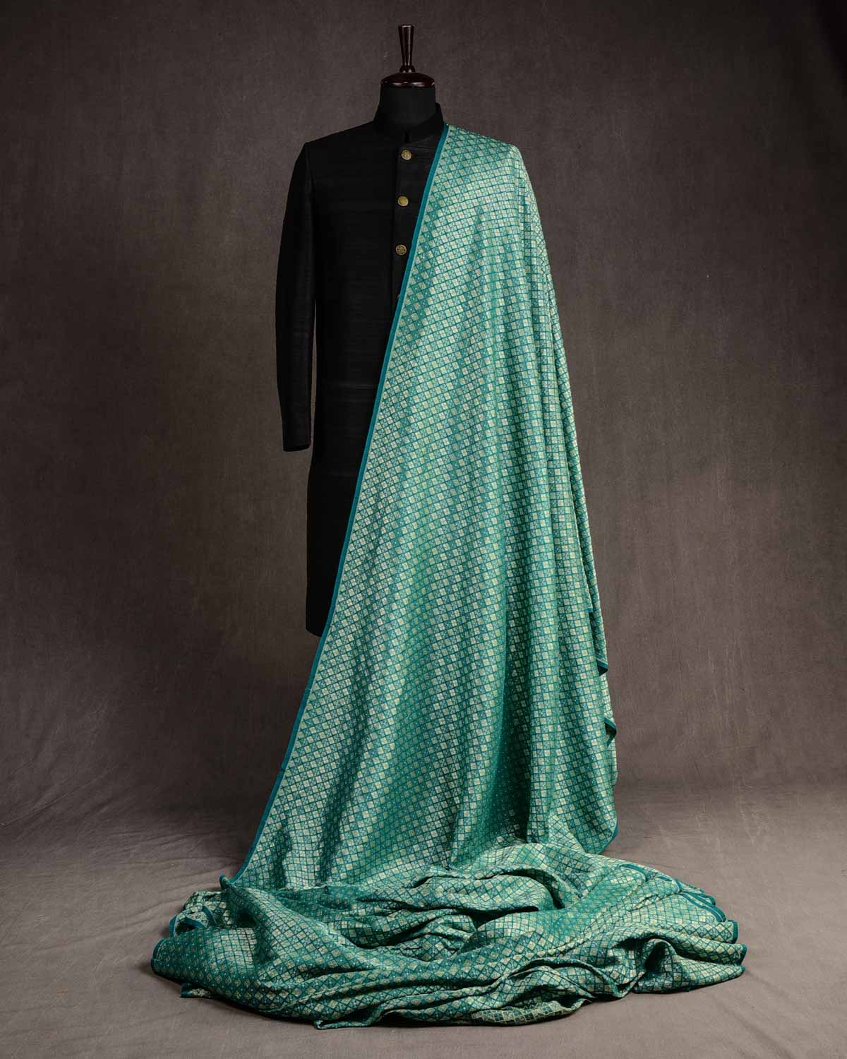 Rama Green Gold Zari Chaudani Buti Brocade Woven Muga Silk Banarasi Fabric-HolyWeaves
