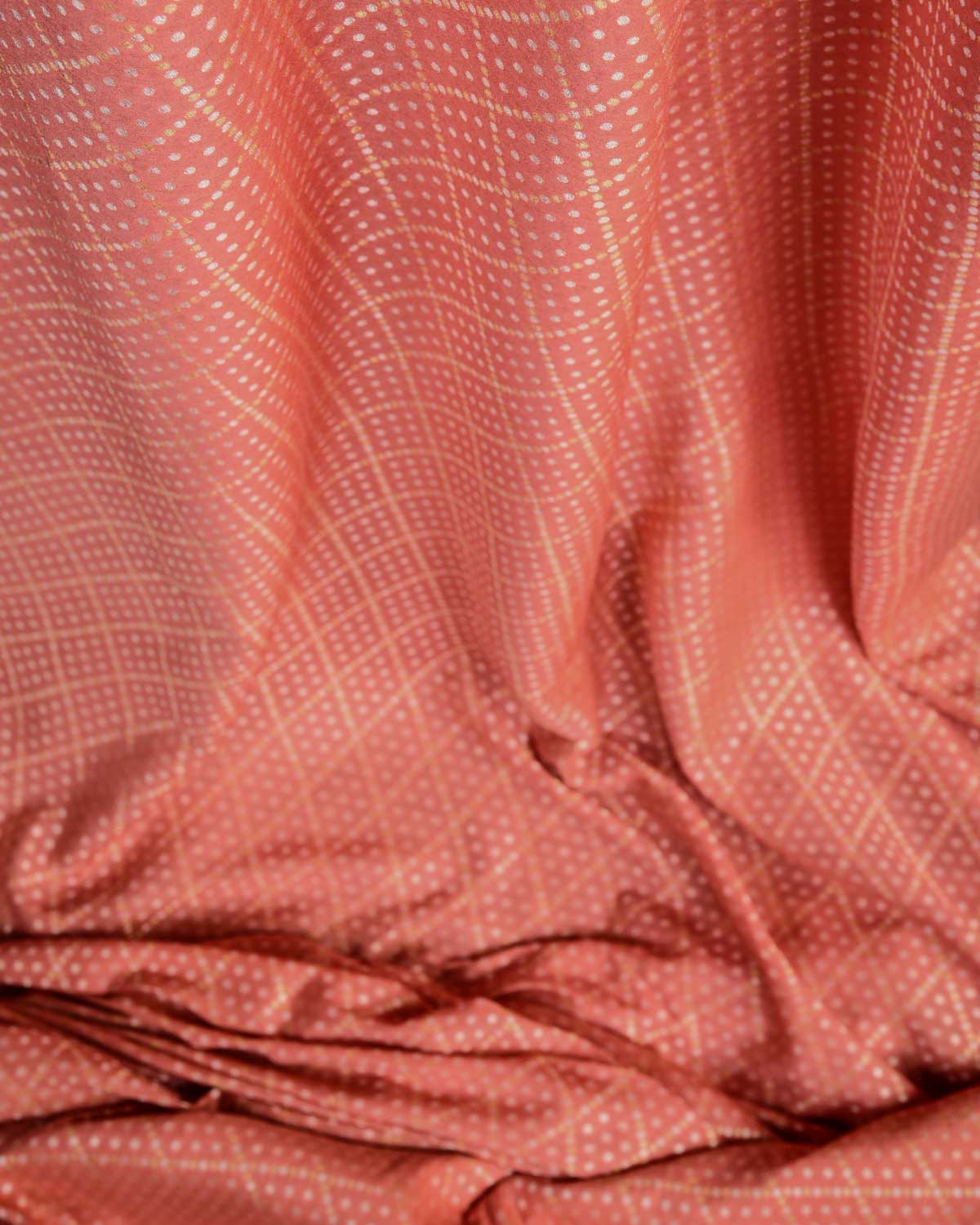 Peach Gold & Silver Zari Dice Buti Cutwork Brocade Woven Muga Silk Banarasi Fabric
