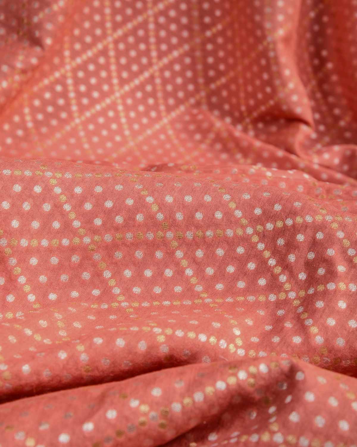 Peach Gold & Silver Zari Dice Buti Cutwork Brocade Woven Muga Silk Banarasi Fabric