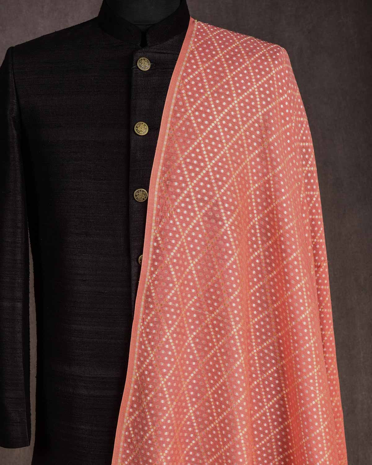 Peach Gold & Silver Zari Dice Buti Cutwork Brocade Woven Muga Silk Banarasi Fabric